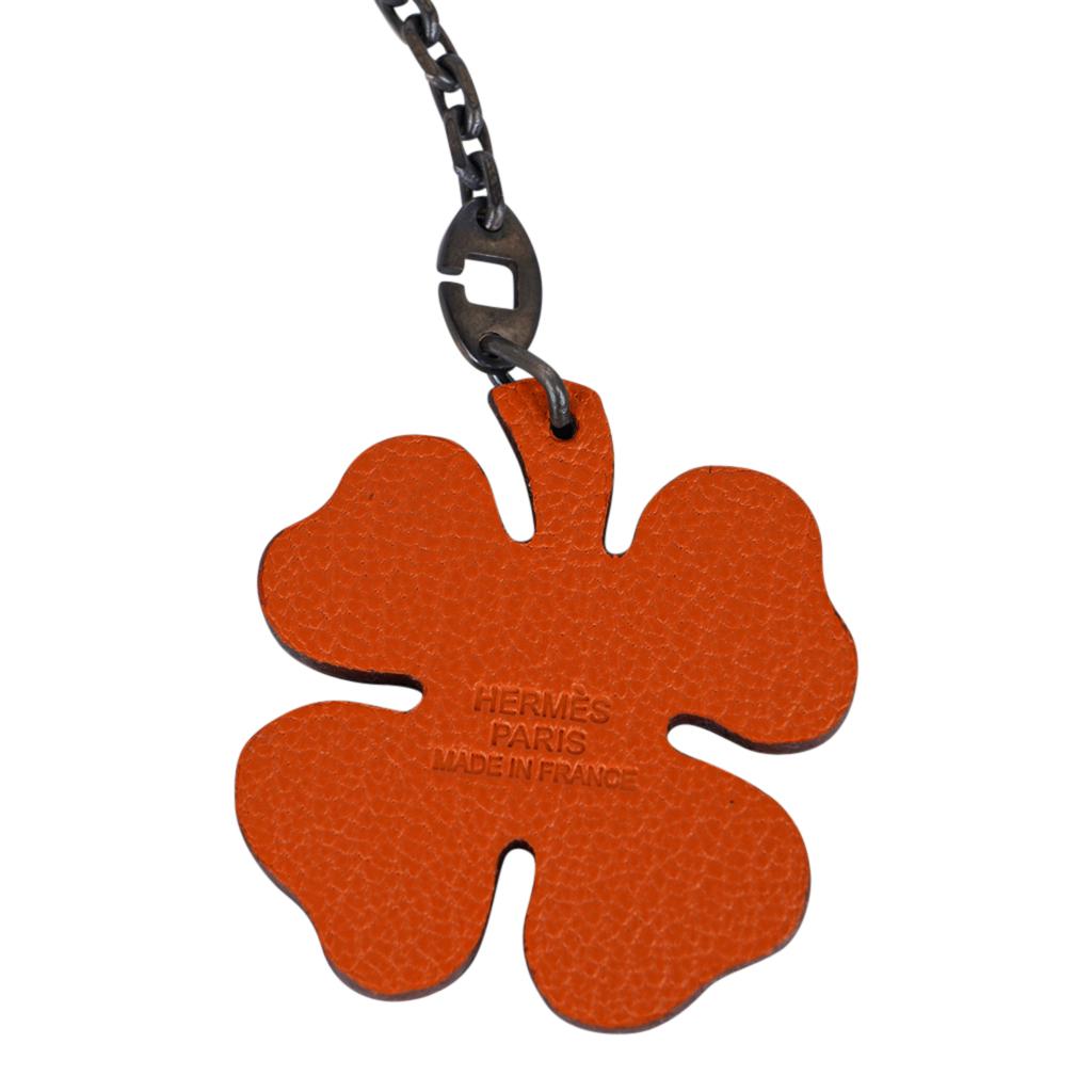 Hermes Lucky Clover Charm Key Chain Vert Anis and Orange Chevre Leather 2