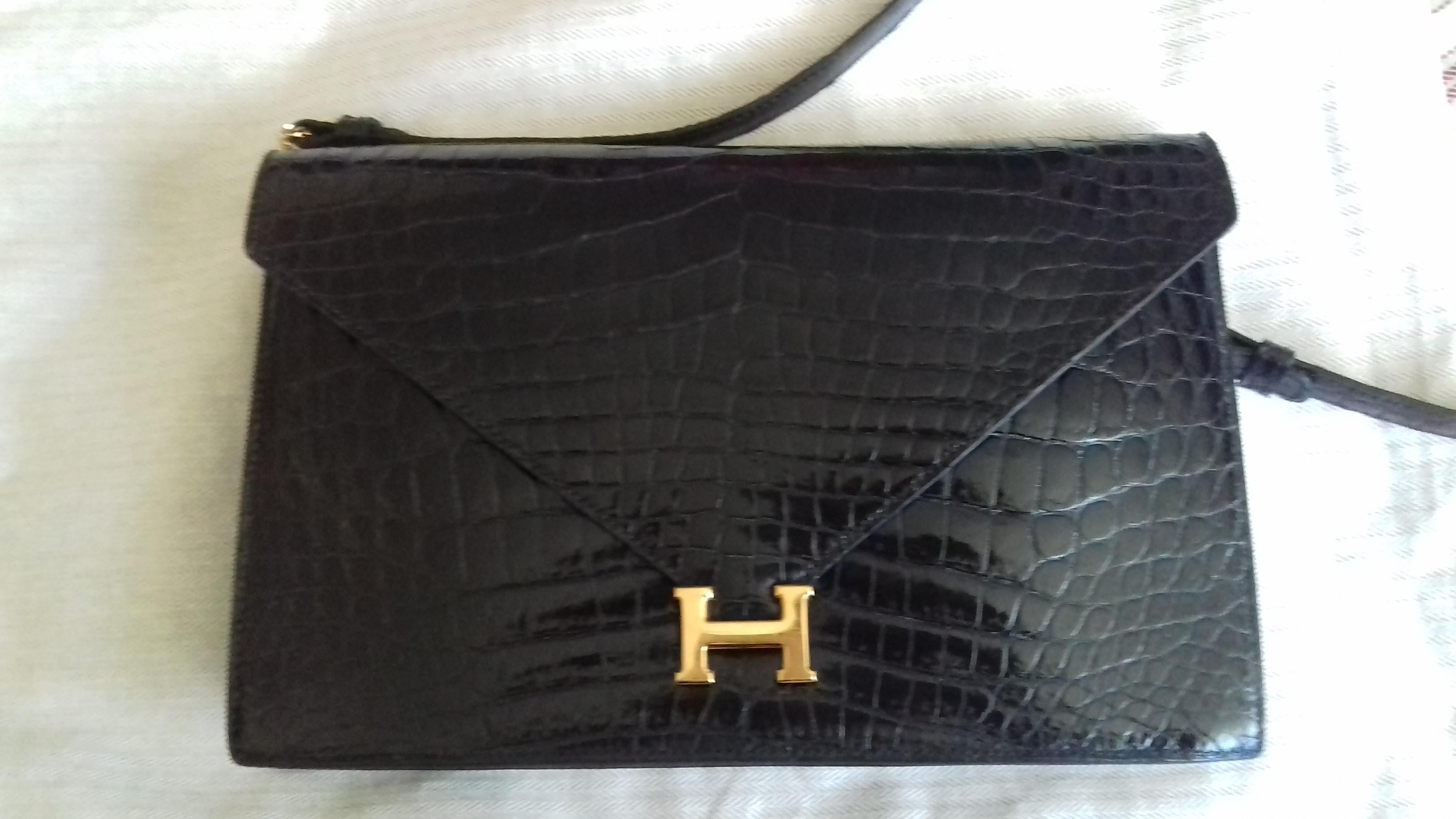 Hermès Lydie Bag Clutch 2-Wege Black Shiny Crocodile Ghw New Shoulder Strap 6