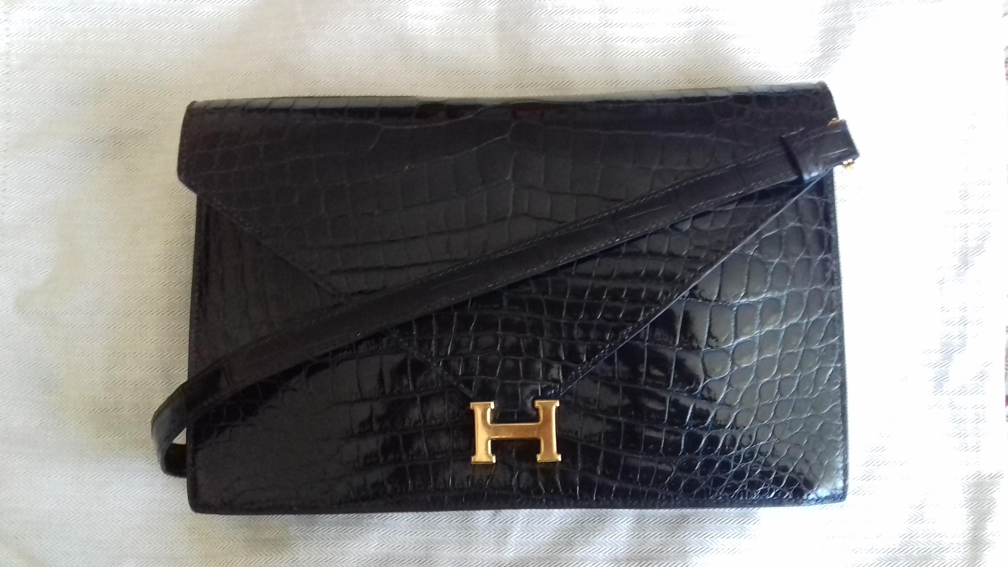 Hermès Lydie Bag Clutch 2-Wege Black Shiny Crocodile Ghw New Shoulder Strap 7