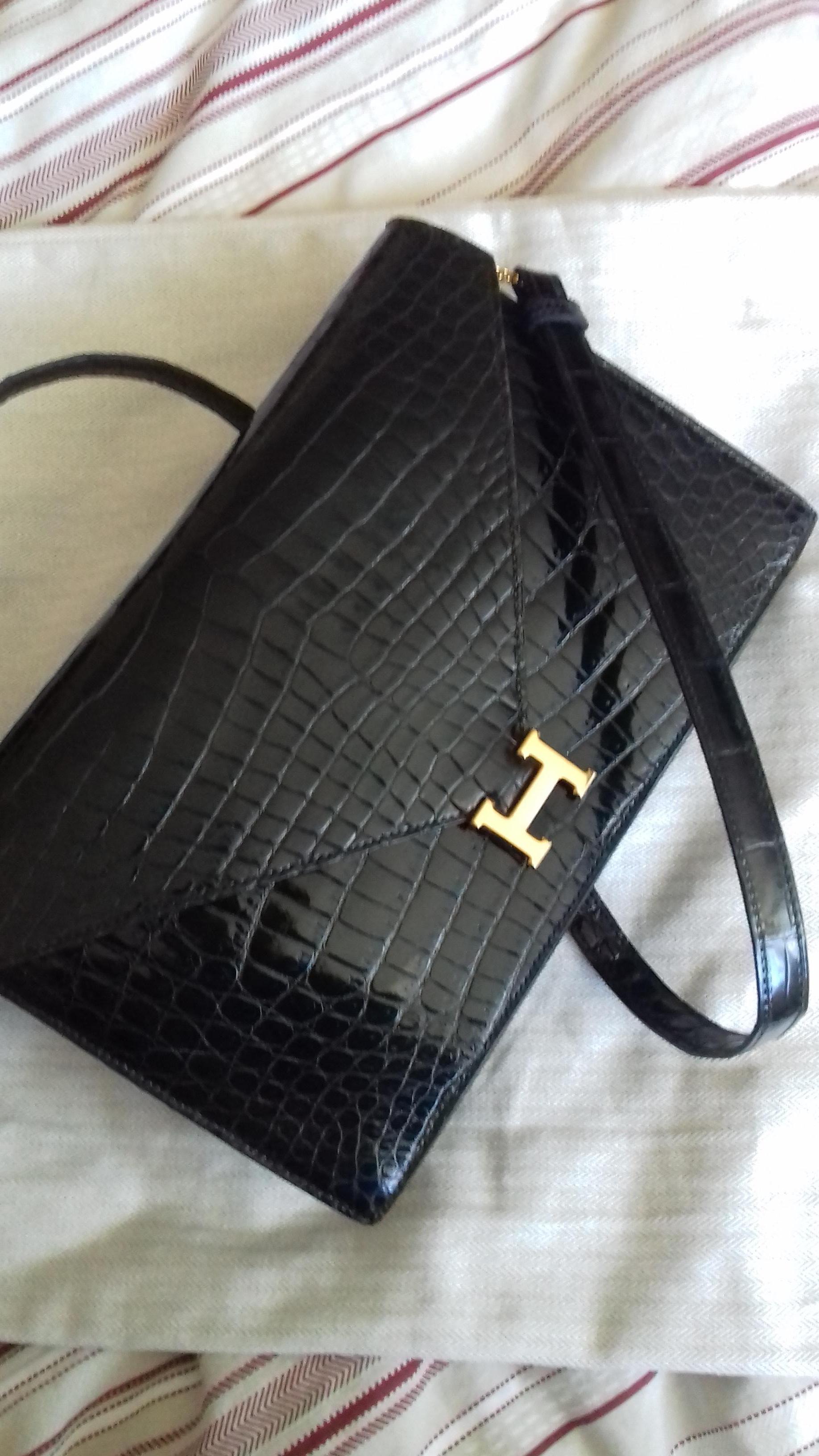 Hermès Lydie Bag Clutch 2-Wege Black Shiny Crocodile Ghw New Shoulder Strap 8