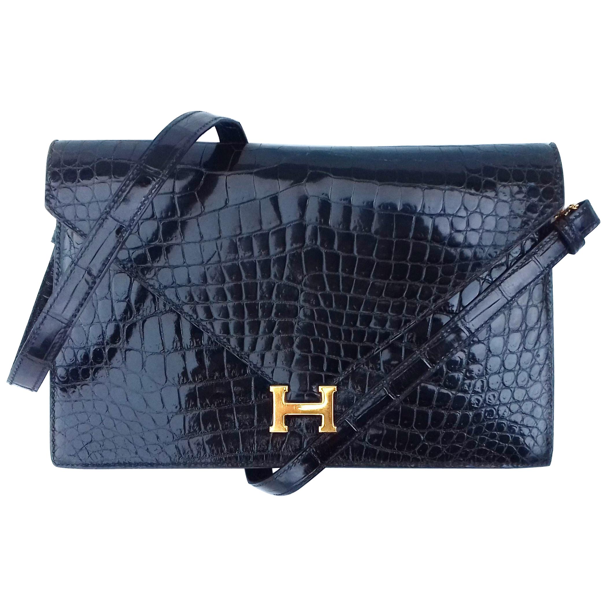 Hermès Lydie Bag Clutch 2 ways Black Shiny Crocodile Ghw New Shoulder Strap