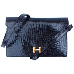 Vintage Hermès Lydie Bag Clutch 2 ways Black Shiny Crocodile Ghw New Shoulder Strap