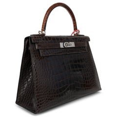 HERMES Macassar Ebene Miel Rose Extreme Alligator KELLY 28 SELLIER Bag Phw