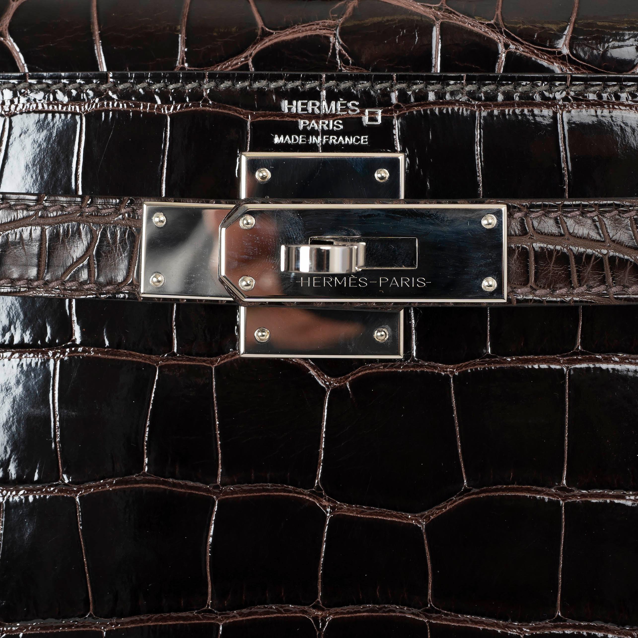 HERMES Macassar Ebene Miel Rose Extreme Alligator KELLY 28 SELLIER Bag Phw 1