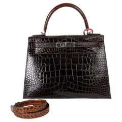 HERMES Macassar Ebene Miel Rose Extreme Alligator KELLY 28 SELLIER Bag Phw