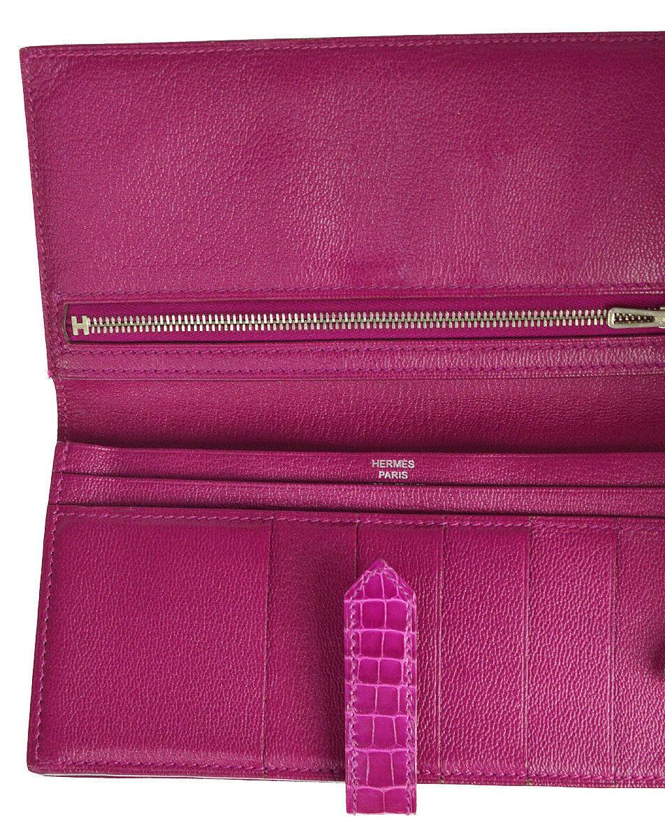 Purple Hermes Magenta Alligator 'H' Logo Palladium Evening Clutch Wallet Bag in Box