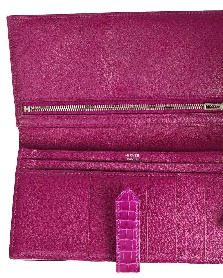 Women's Hermes Magenta Alligator 'H' Logo Palladium Evening Clutch Wallet Bag in Box For Sale