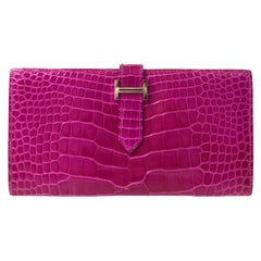 Hermes Magenta Alligator 'H' Logo Palladium Evening Clutch Wallet Bag in Box