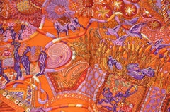 Hermes Magnificently Vivid Shades of Tangerines & Violets Silk Jacquard Scarf