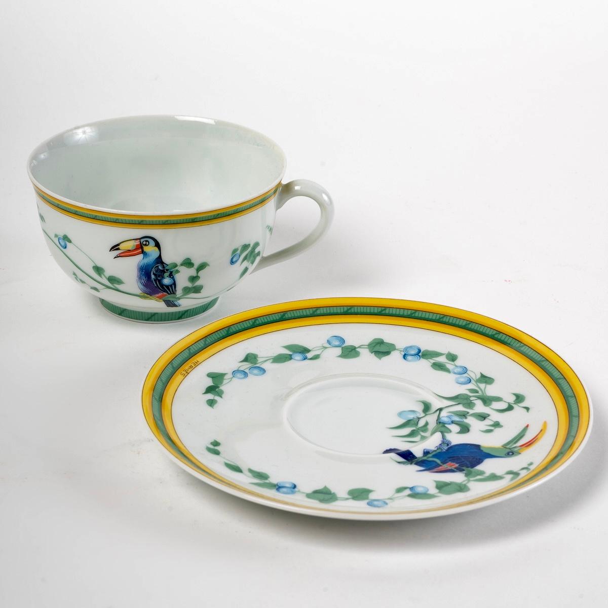 Français Service à café et thé Maison Hermès en porcelaine de Toucans à Limoges, 18 pièces