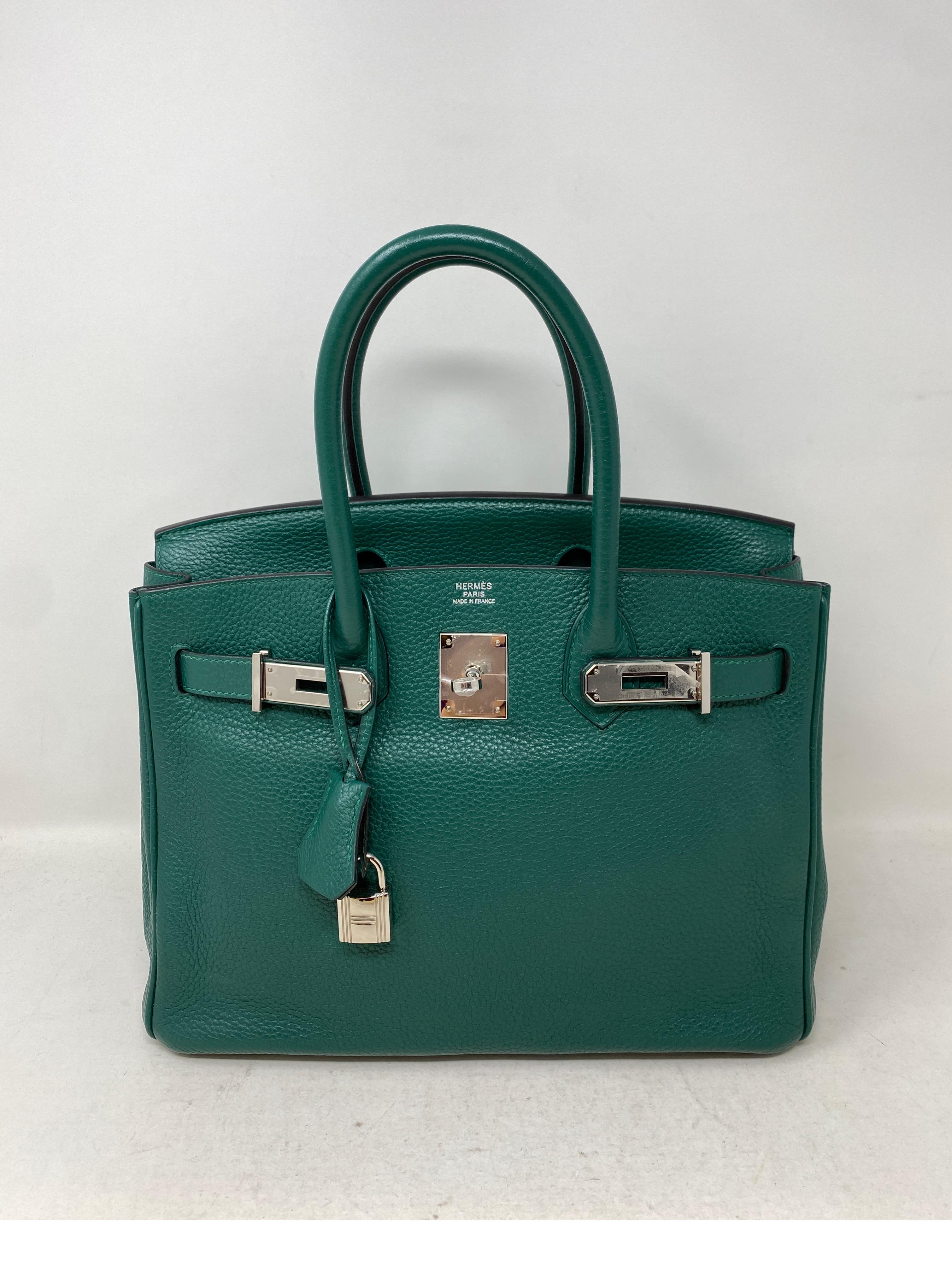 Hermes Malachite Birkin 30 Bag. Palladium hardware. Good condition. Nice neutral green color Malachite. Clemence leather. Most wanted size 30. Includes clochette, lock, keys, and dust bag. Guaranteed authentic. 