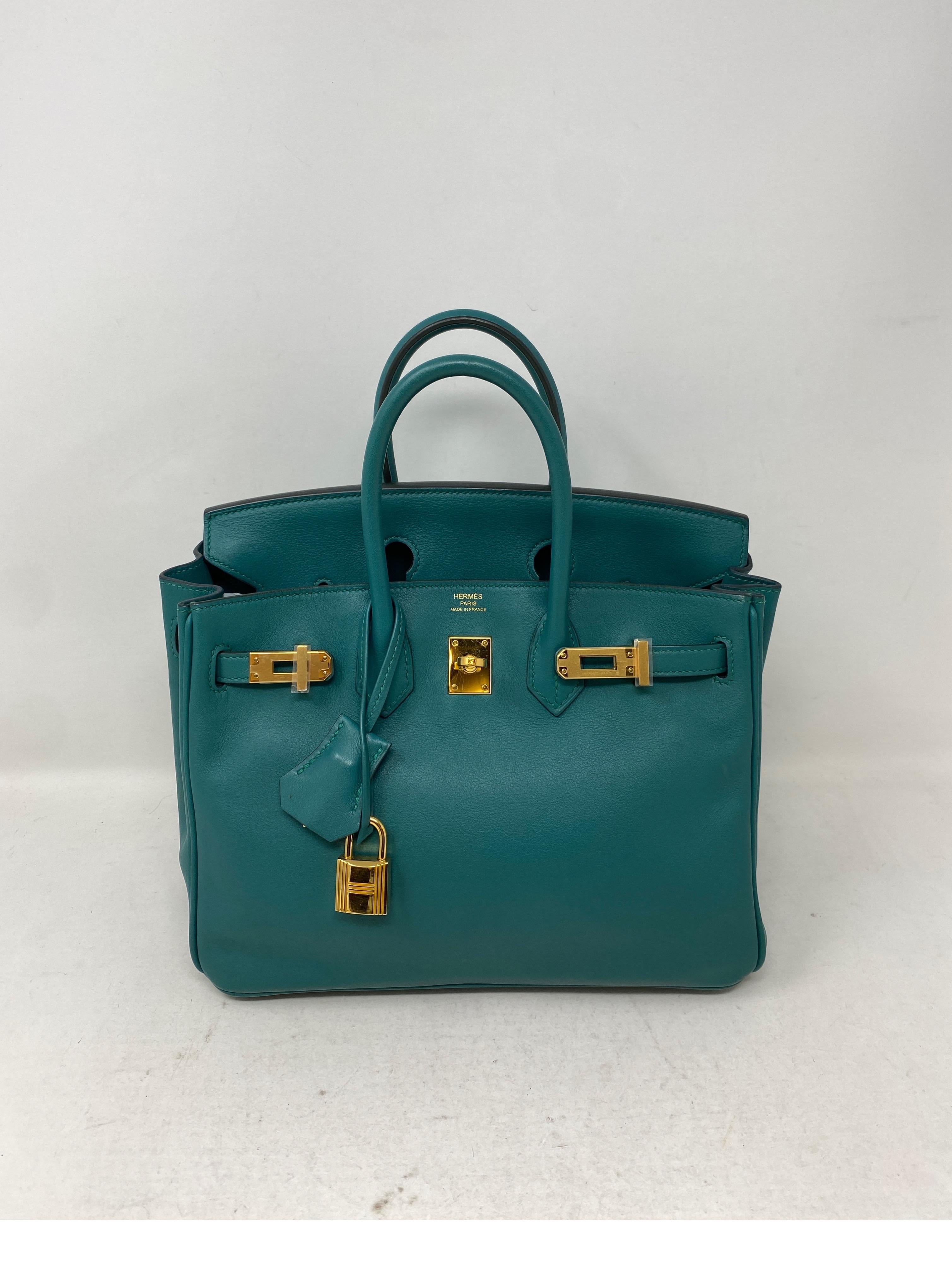 Hermes Malachite Birkin 25 Bag. Beautiful and rare color green with gold hardware. Rarest size 25. Unicorn bag. Swift leather. Plastic still on hardware. Looks brand new. From 2017. Includes clochette, lock, keys, and dust cover. Guaranteed