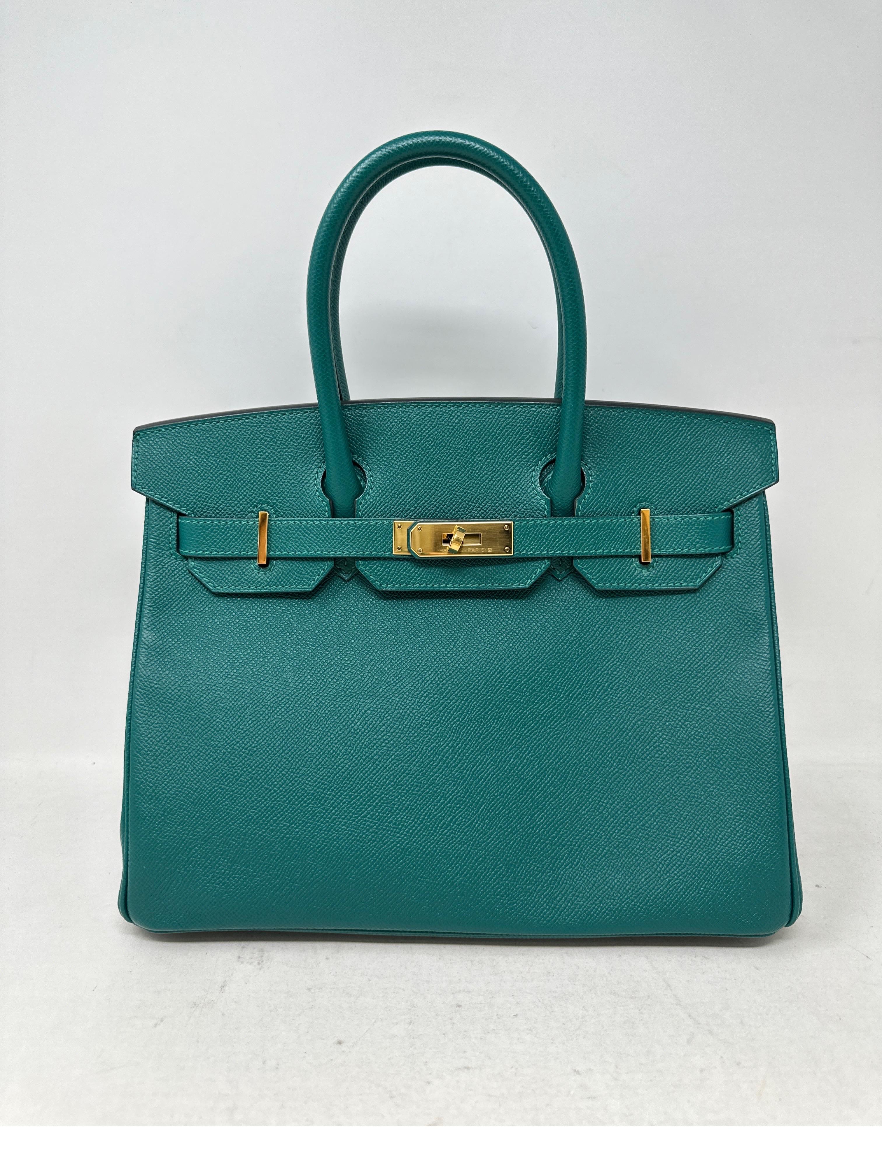 Hermes Malachite Birkin 30 Bag. Excellent like new condition. Gold hardware. Epsom leather. Gorgeous neutral green color. Interior clean. A stamp. Newer Birkin. Includes clochette, lock, keys, and dust bag. Guaranteed authentic. 
