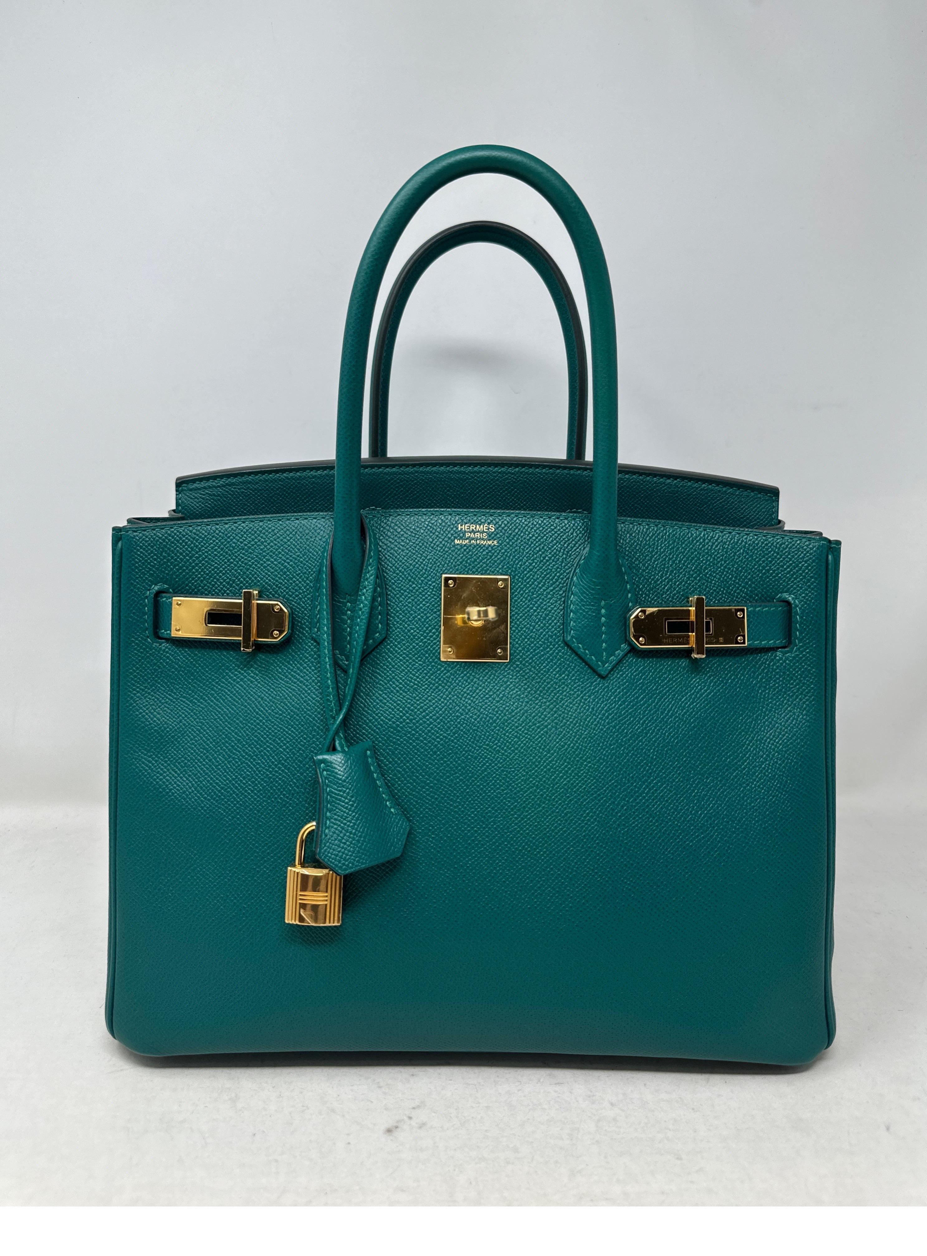 Hermes Malachite Birkin 30 Bag. Darker green color. Gold hardware. Epsom leather. Excellent condition. Nice nuetral green color. Interior clean. Includes clochette, lock, keys, and dust bag. Guaranteed authentic. 