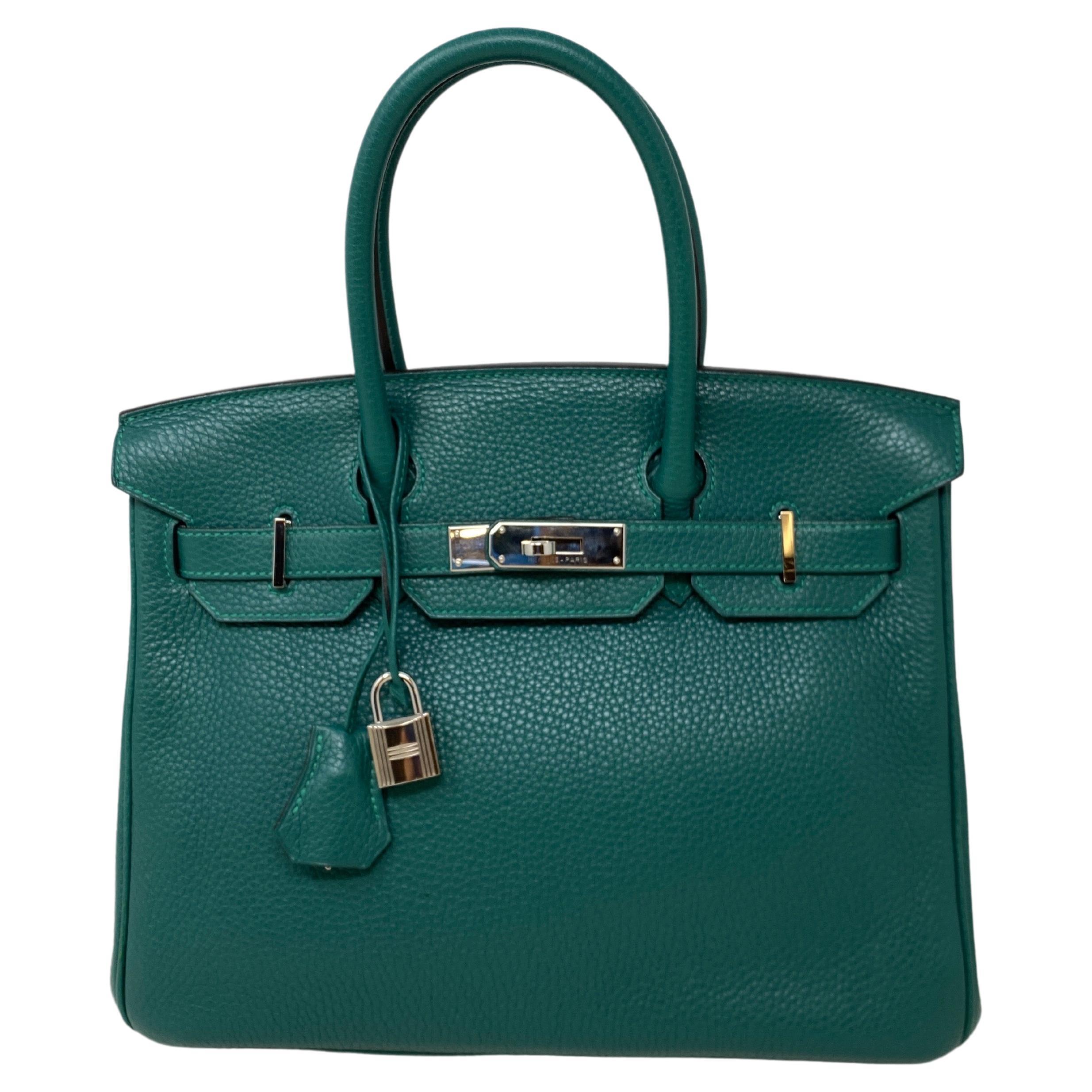 Hermes Malachite Birkin 30 Bag. Excellent looks like new. Palladium silver hardware. Togo leather. Hard to find green color. Interior clean. Includes clochette, lock, keys, and dust bag. Guaranteed authentic. 