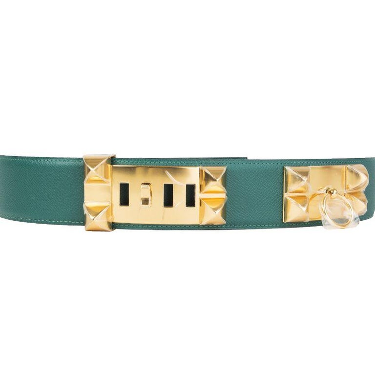 HERMES Malachite green Epsom leather and Gold COLLIER DE CHIEN Belt 90 ...