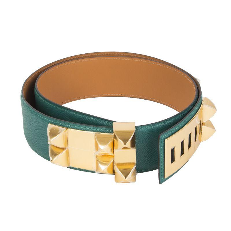 HERMES Malachite green Epsom leather & Gold COLLIER DE CHIEN Belt 90