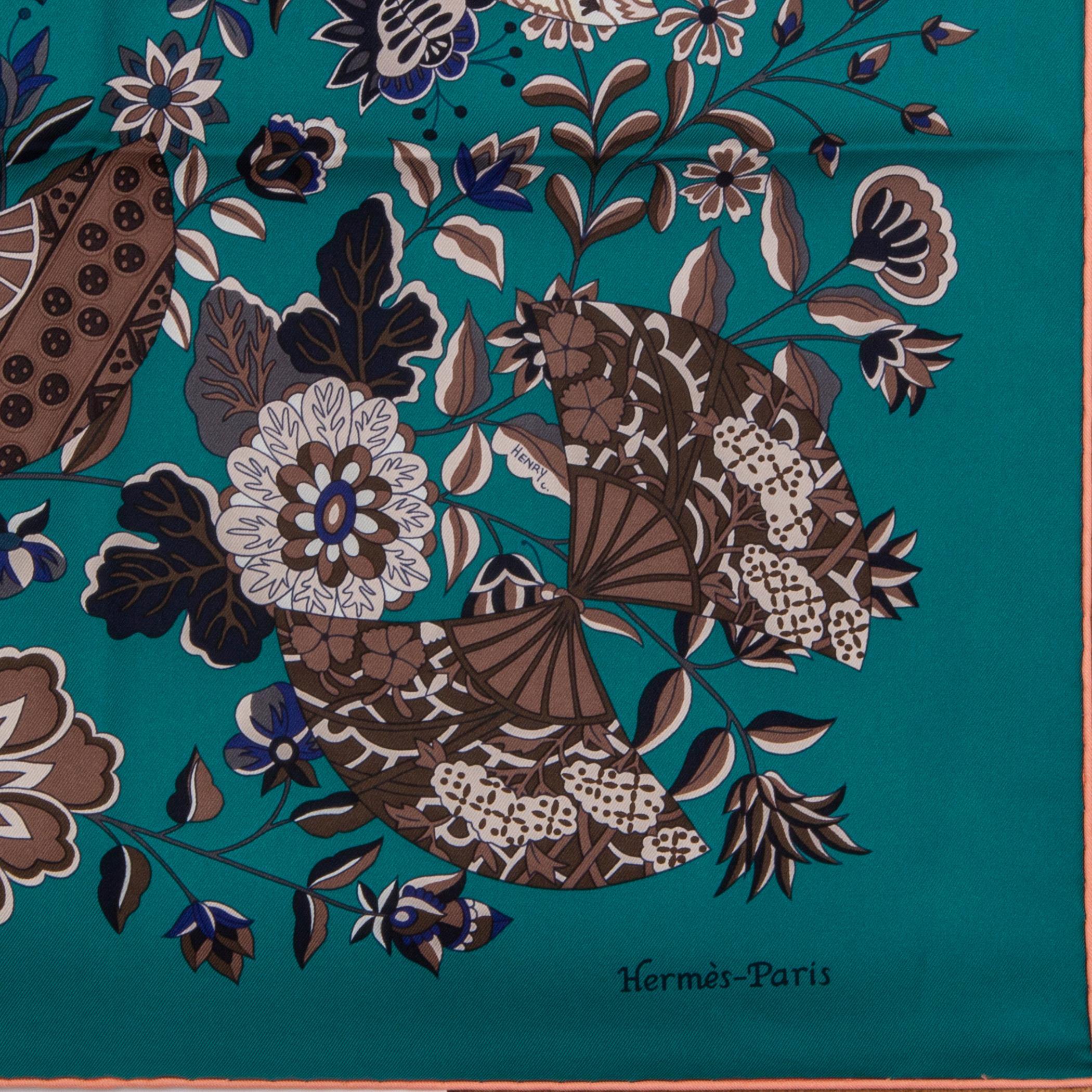 Hermes 'Fleurs et Papillons de Tissus 90' scarf in malchaite green silk twill (100%) with salmon pink hem and details in brown, blue and white. Brand new.

Width 90cm (35.1in)
Height 90cm (35.1in)