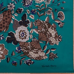 HERMES malachite green FLEURS ET PAPILLONS DE TISSUE 90 silk twill Scarf