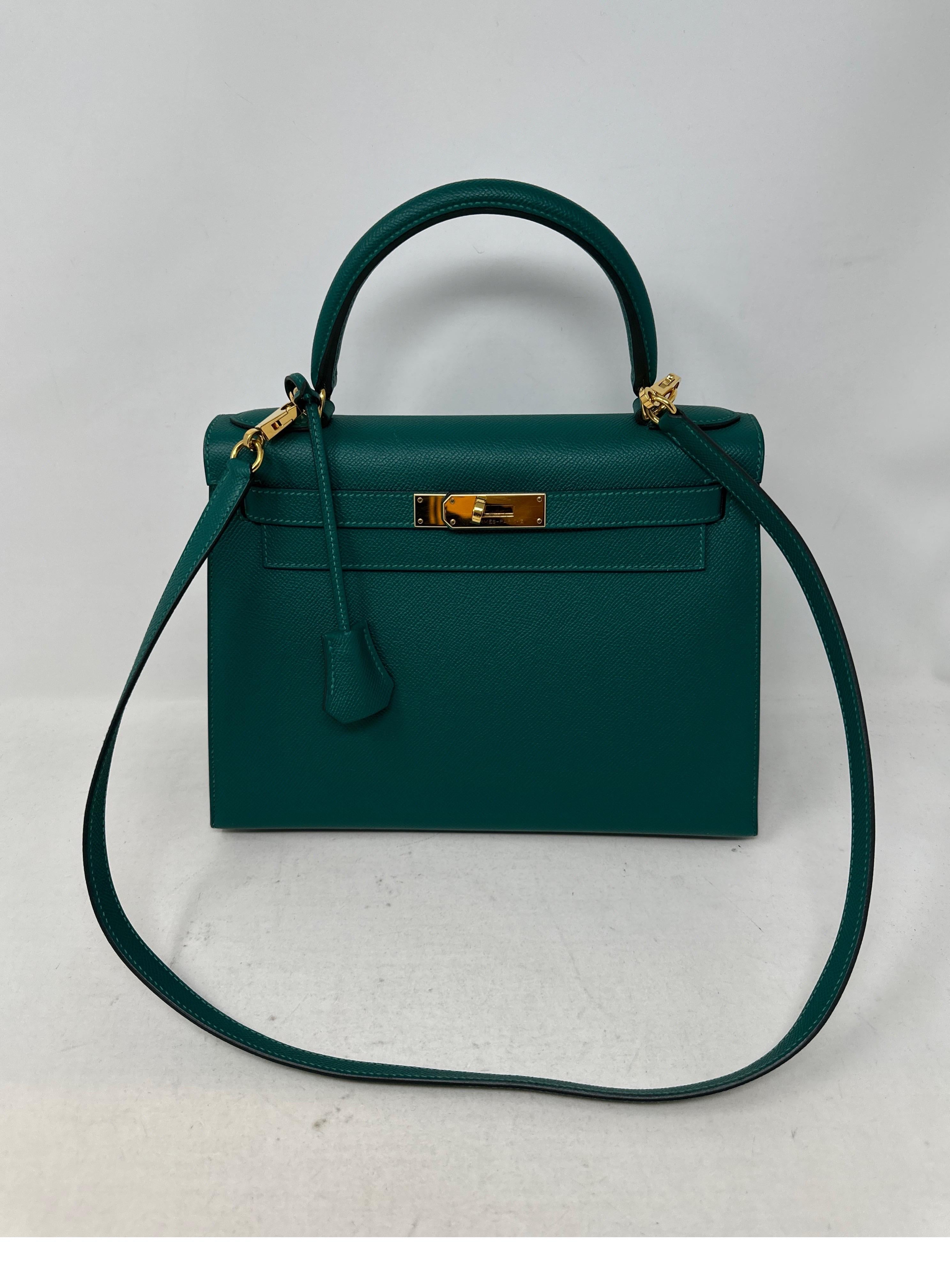 Hermes Malachite Kelly 28 Bag. Stunning teal green color in epsom leather sellier bag. Looks like new. Excellent condition. Gold hardware. Interior clean and mint. Includes clochette, lock, keys, and dust bag. Rare size and color. Guaranteed