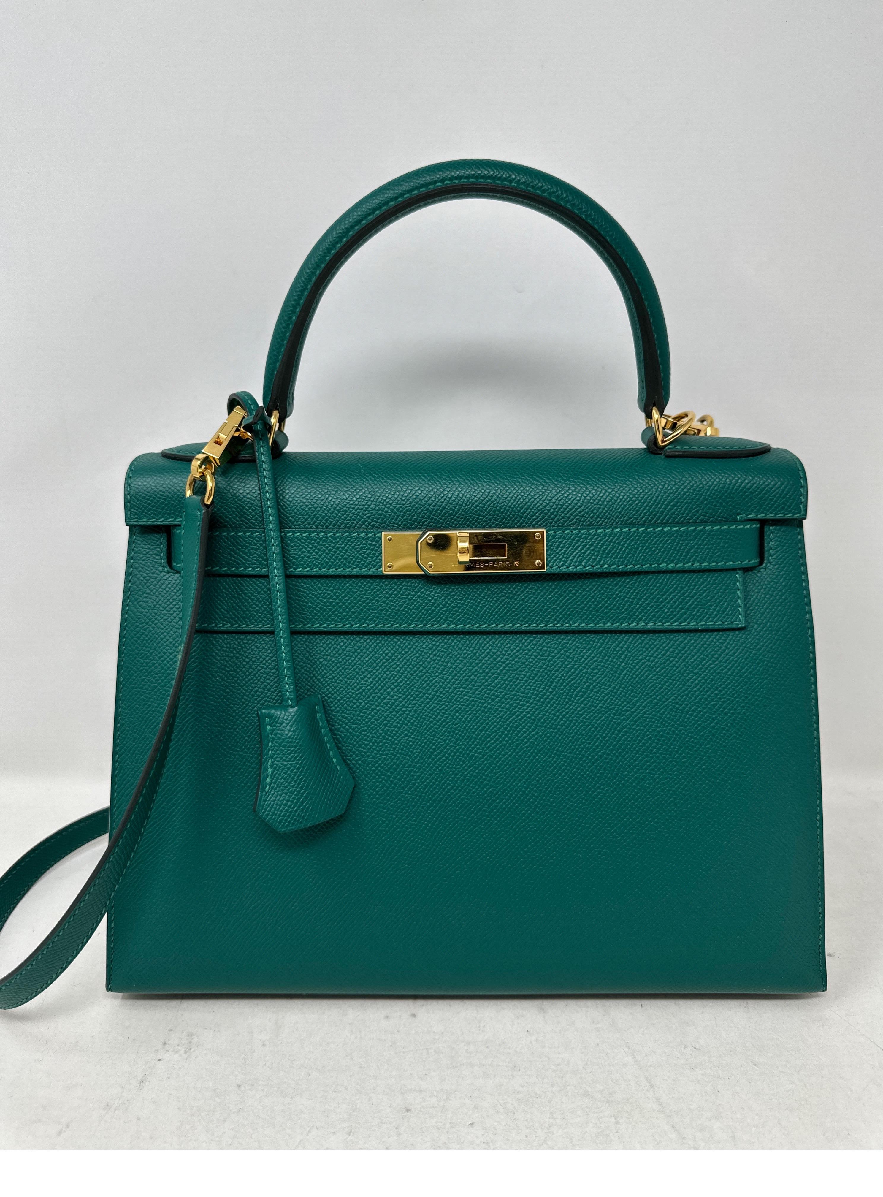 Hermes Malachite Kelly Sellier 28 Bag. Epsom leather. Gold hardware. Pristine like new condition. Interior clean. Rare color and most wanted size. Includes clochette, lock, keys, and dust bag. Guaranteed authentic. Beautiful bag. Don't miss out. 