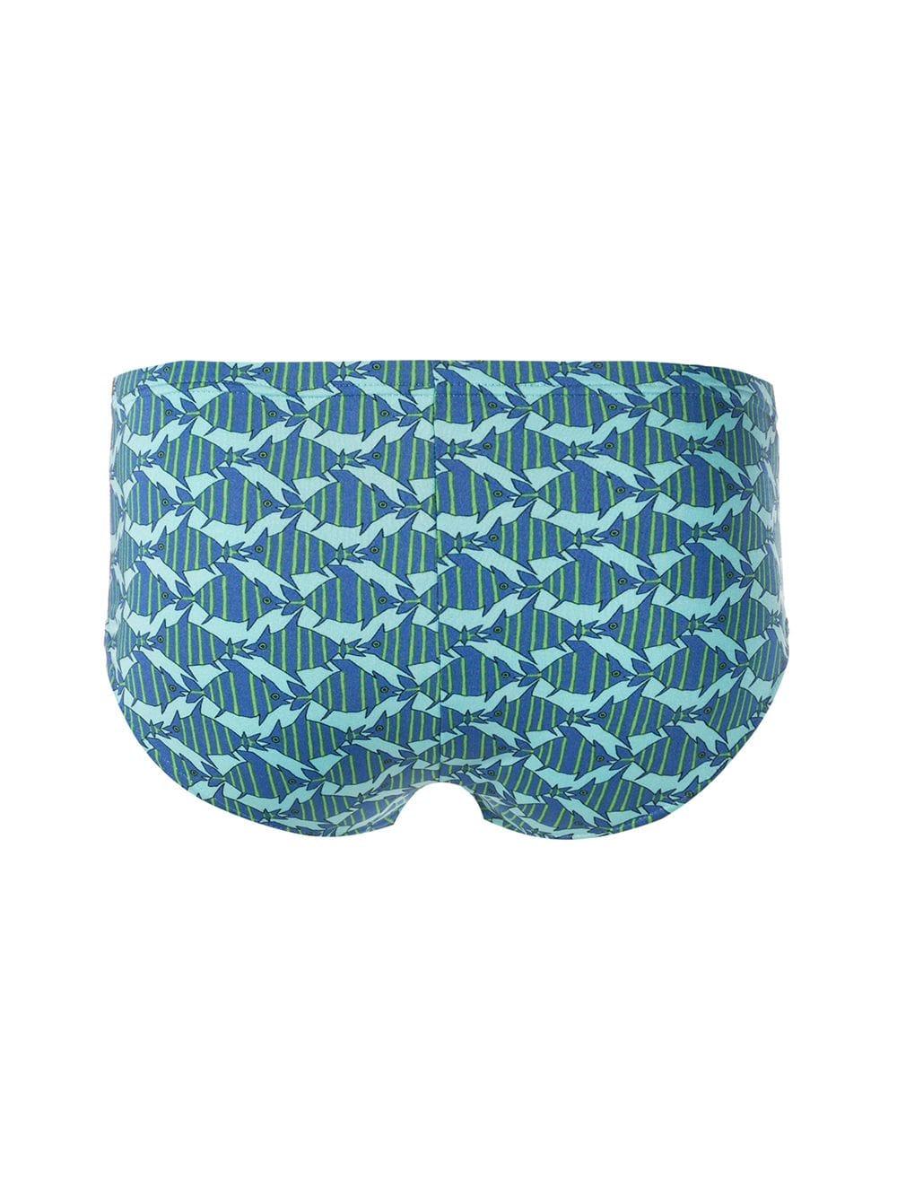 Hermes man blue fish print swimwear featuring a stretch fit and an all-over print. 
In excellent vintage condition. Made in  France.
Estimated Size 40fr/US8/UK12
Polyamide 85%.Fibres Synthétiques 15%
Waist 25.1in. (64 cm)
Hips 26.3in. (67cm)
Front