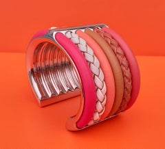 Bracelet Manchette Hermès Kyoto Cuir tressé Palladium Hdw Taille 2