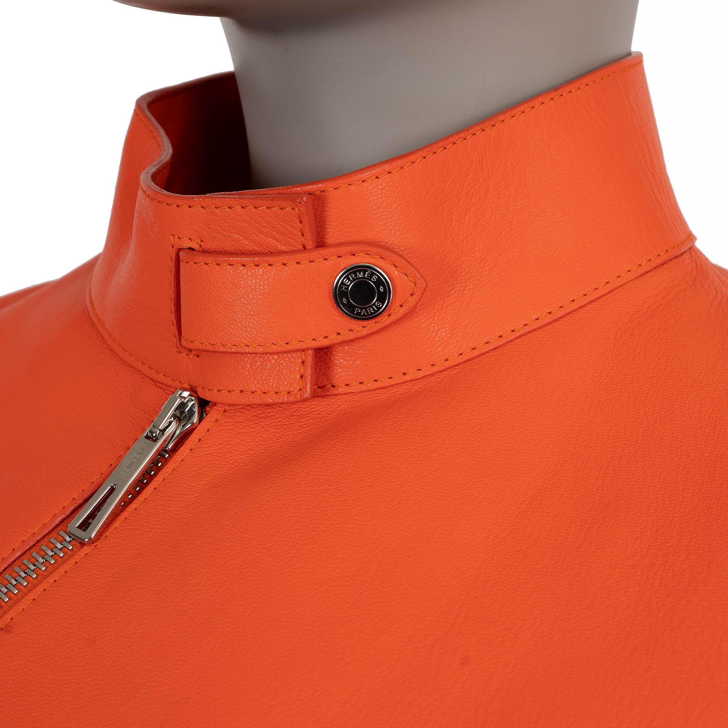 HERMES Veste BIKER 2019 en cuir orange mandarine 38 S Pour femmes en vente