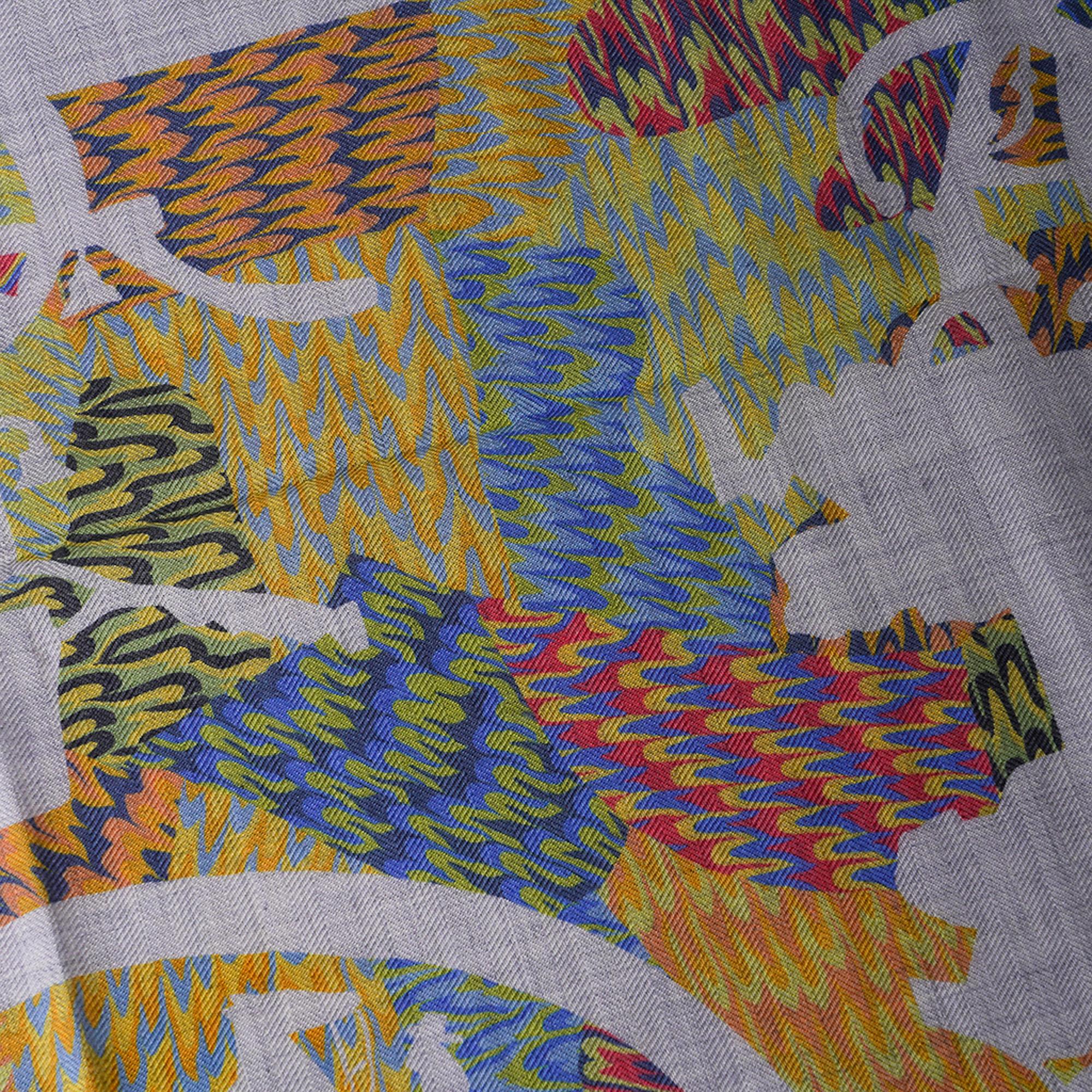 Hermes Marble Ex Libris Scarf 90 Grey/Blue/Yellow Silk/Cashmere Limited Edition 5