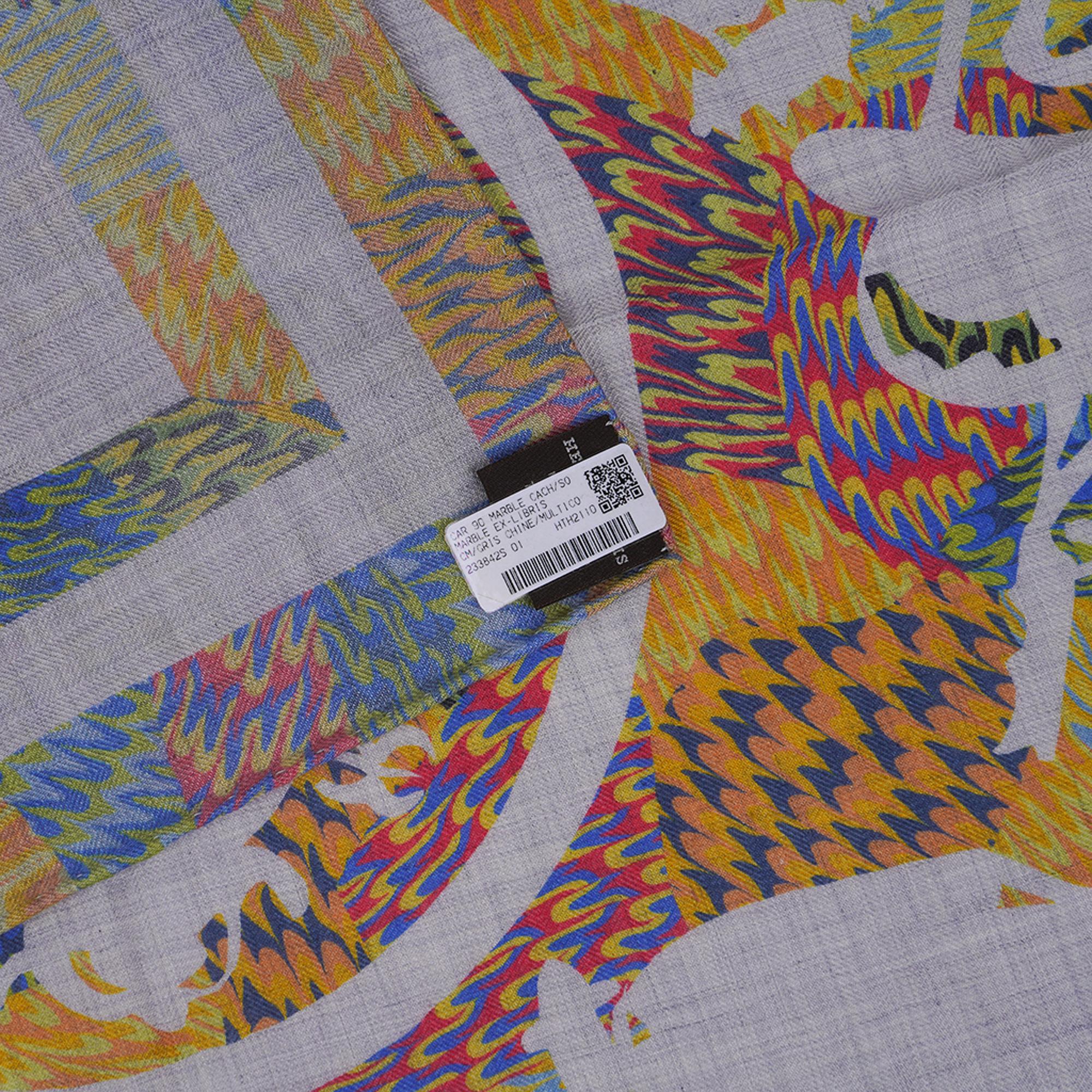 Hermes Marble Ex Libris Scarf 90 Grey/Blue/Yellow Silk/Cashmere Limited Edition 7