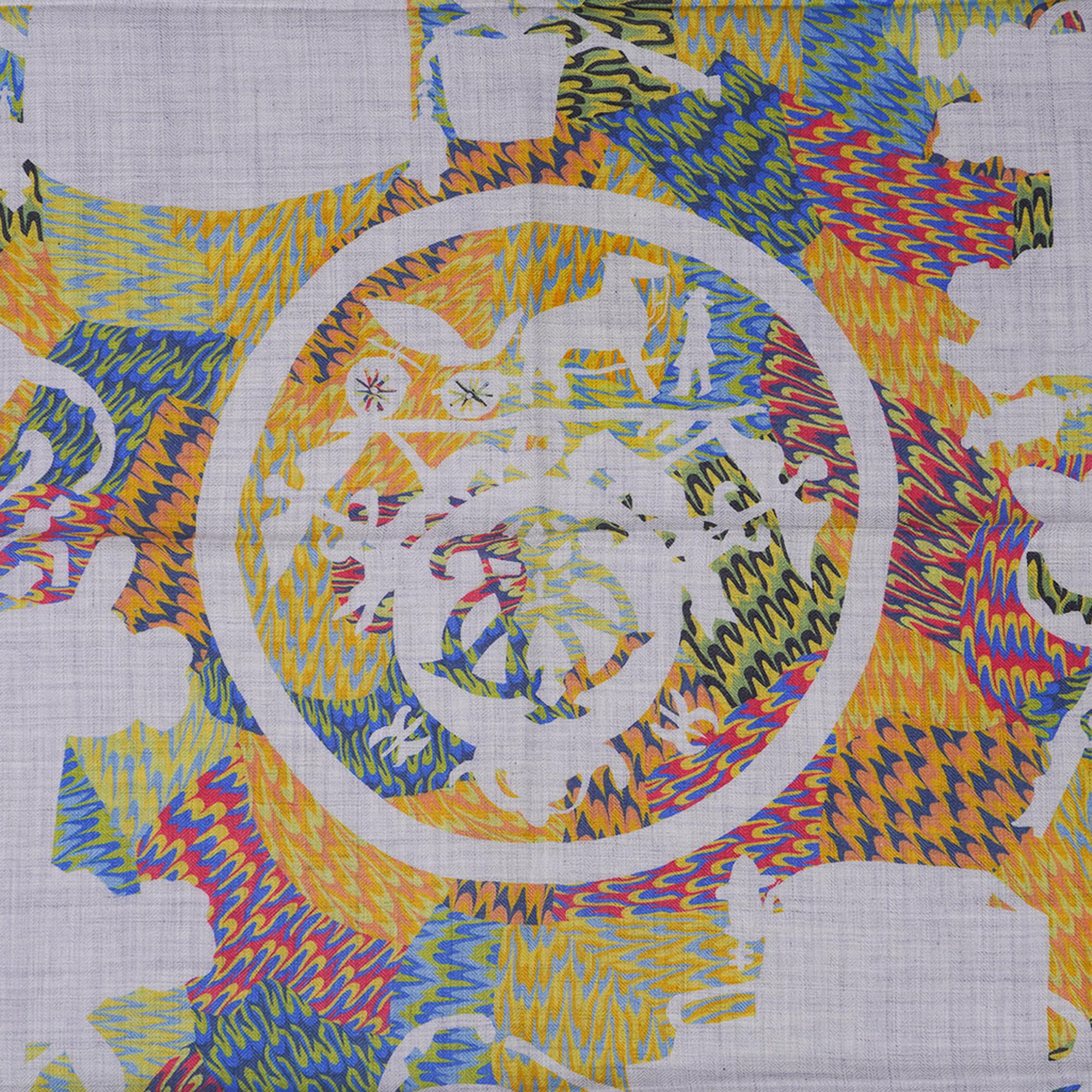 Mightychic offers an Hermes Marble Ex Libris scarf designed by Hugo Grygkar.
Featured in Gris Chine, Blue and Yellow colorway.
Depicts the iconic Hermes logo.
This exquisite scarf is a must have for any Hermes collector.
Created by an art almost