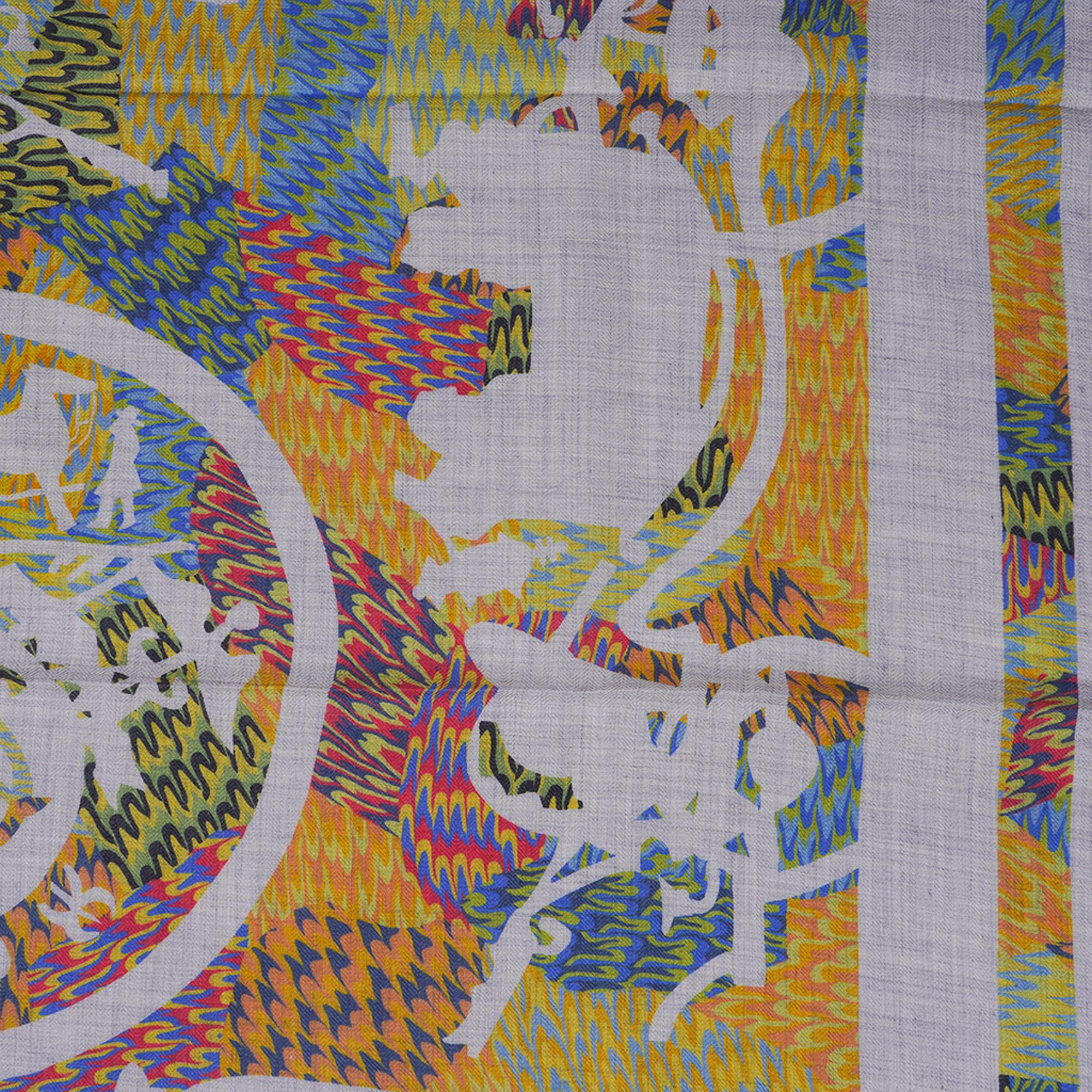 Women's or Men's Hermes Marble Ex Libris Scarf 90 Grey/Blue/Yellow Silk/Cashmere Limited Edition