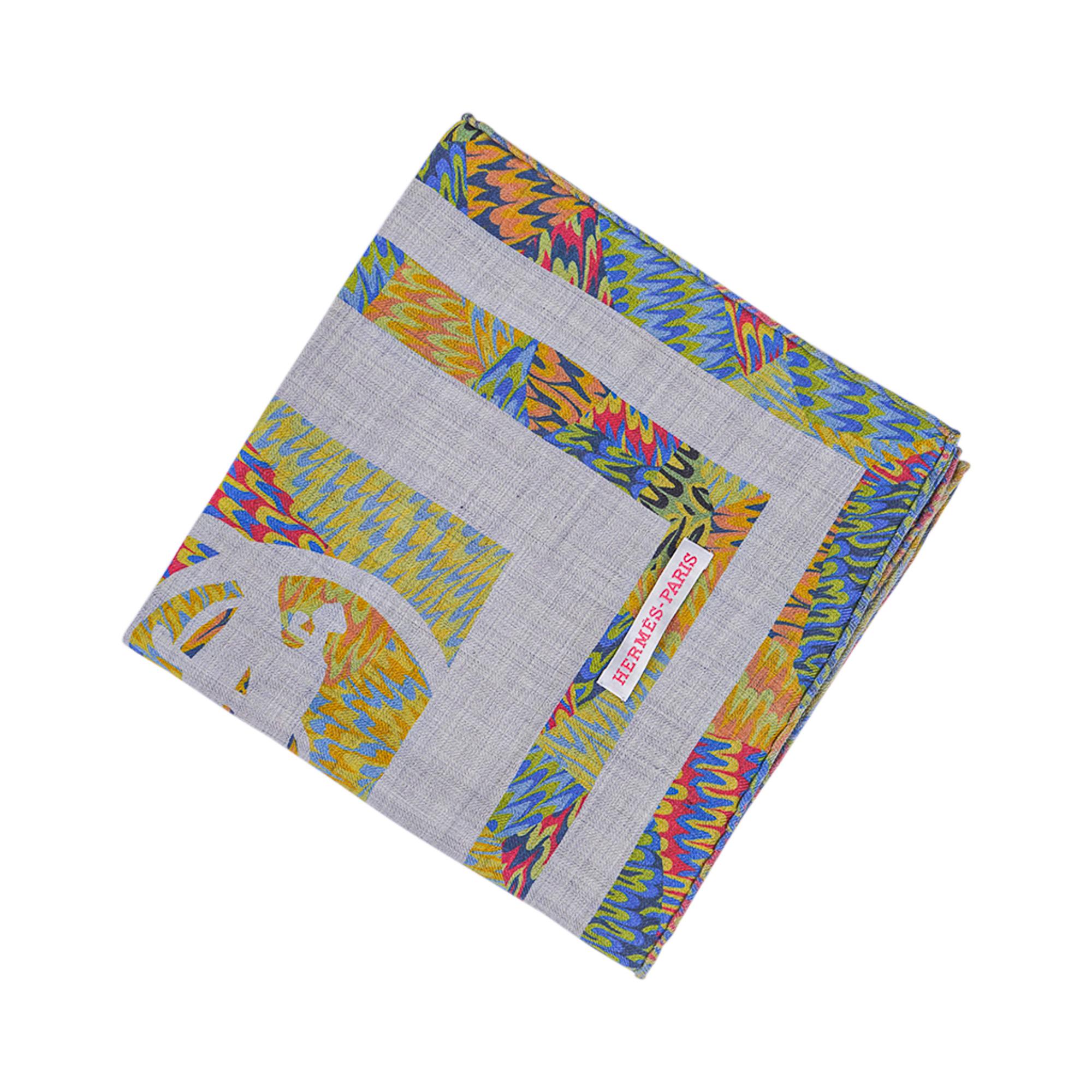 Hermes Marble Ex Libris Scarf 90 Grey/Blue/Yellow Silk/Cashmere Limited Edition 1