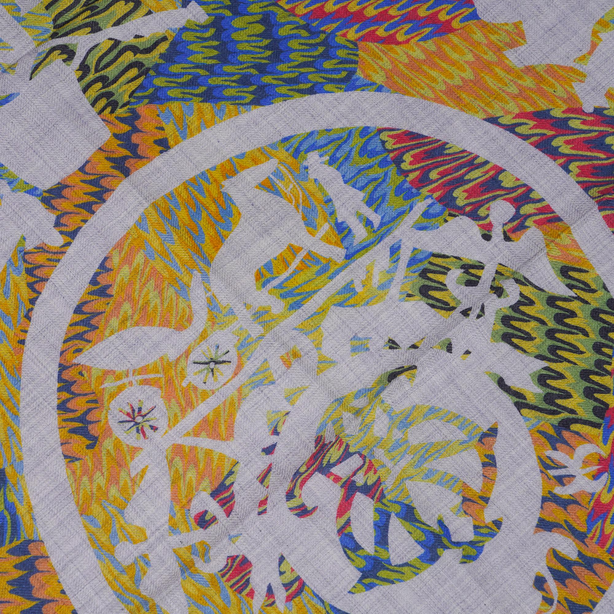 Hermes Marble Ex Libris Scarf 90 Grey/Blue/Yellow Silk/Cashmere Limited Edition 2