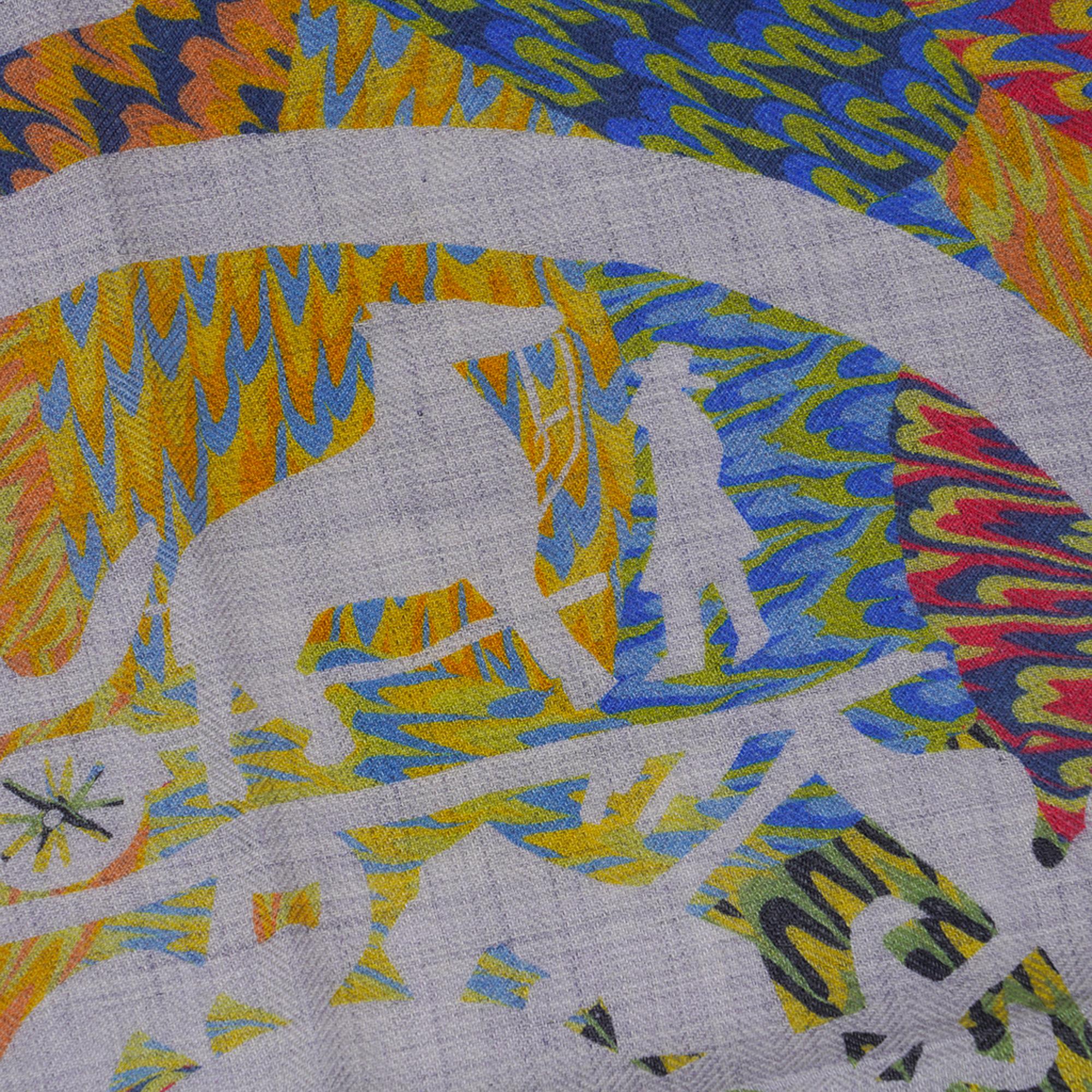 Hermes Marble Ex Libris Scarf 90 Grey/Blue/Yellow Silk/Cashmere Limited Edition 3
