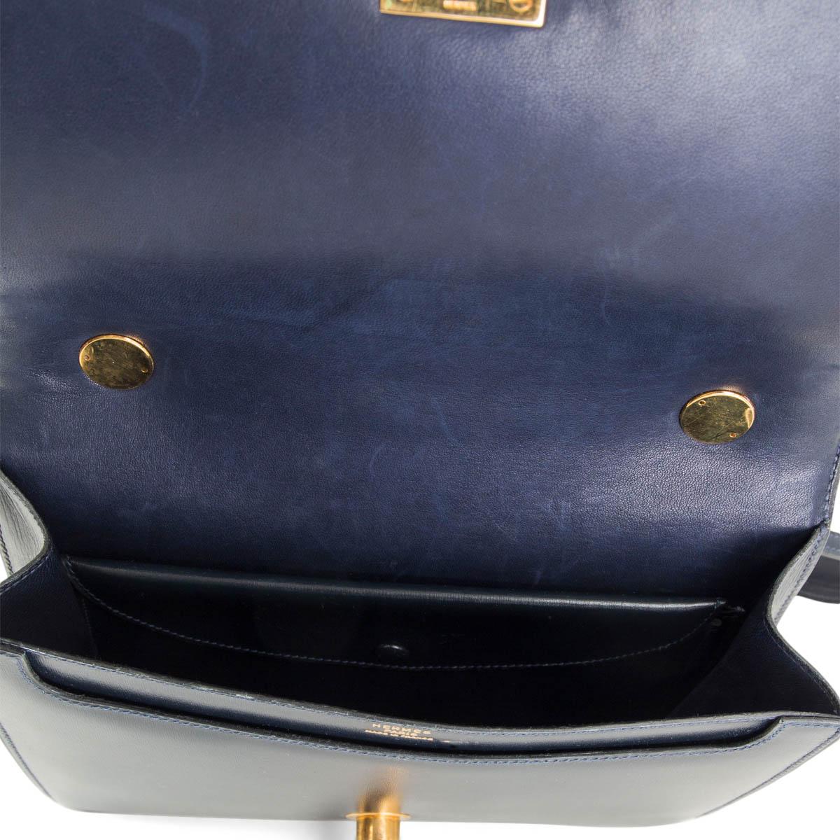 Women's HERMES Marine blue Box leather EMBLE RING Shoulder Bag VINTAGE