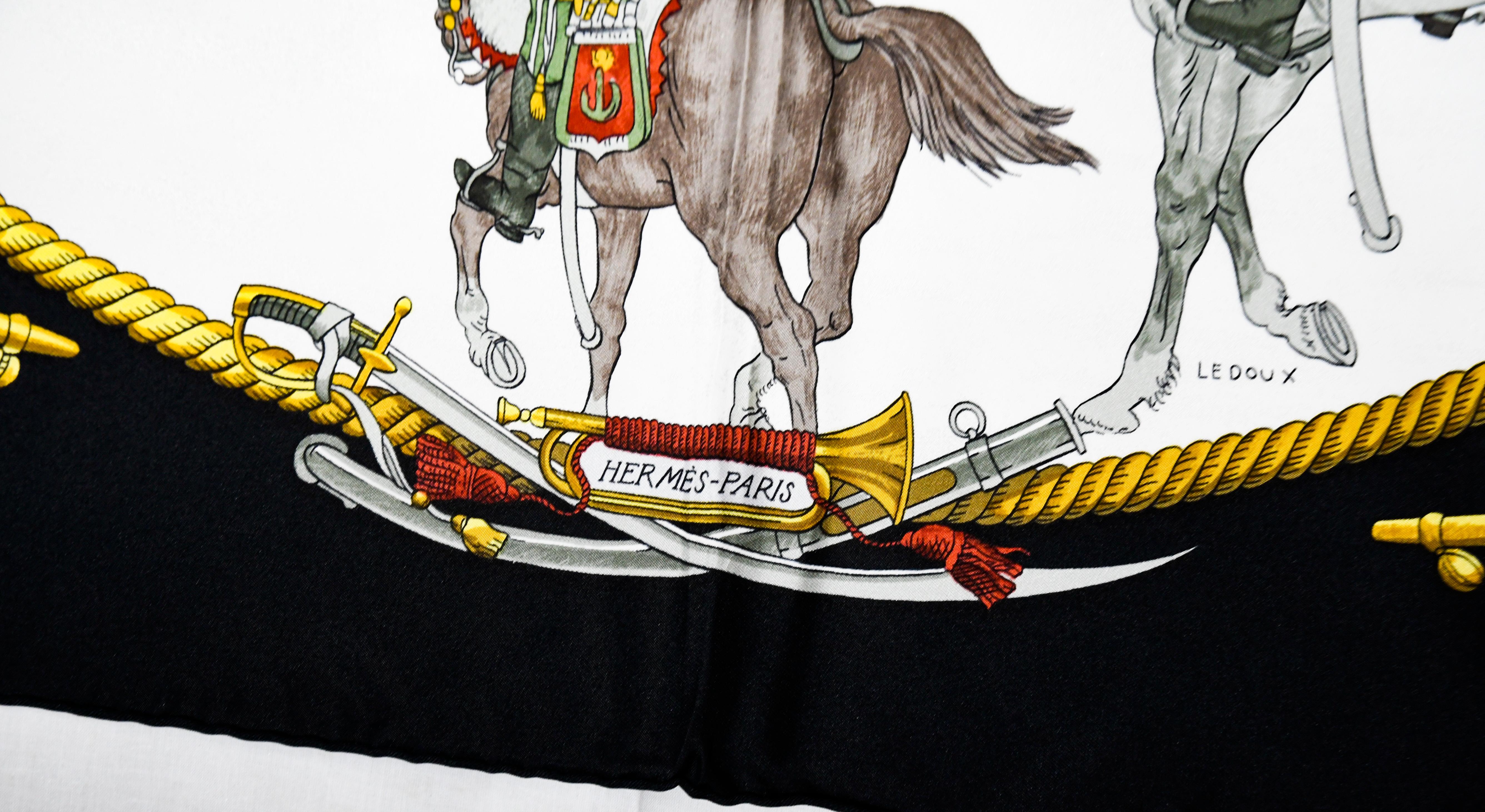 Beige Hermes Marine et Cavalerie scarf designed by Philippe Ledoux in 1984