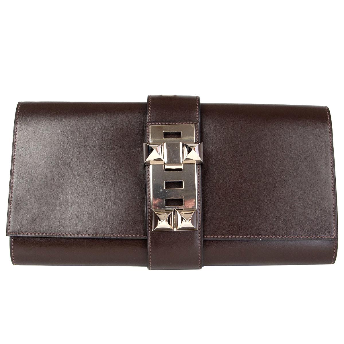 HERMES Marron Fonce brown Box leather MEDOR 29 Clutch Bag
