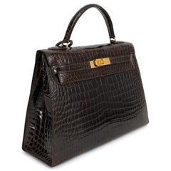 HERMES Marron Fonce SHINY CROC KELLY 32 SELLIER Bag GHW