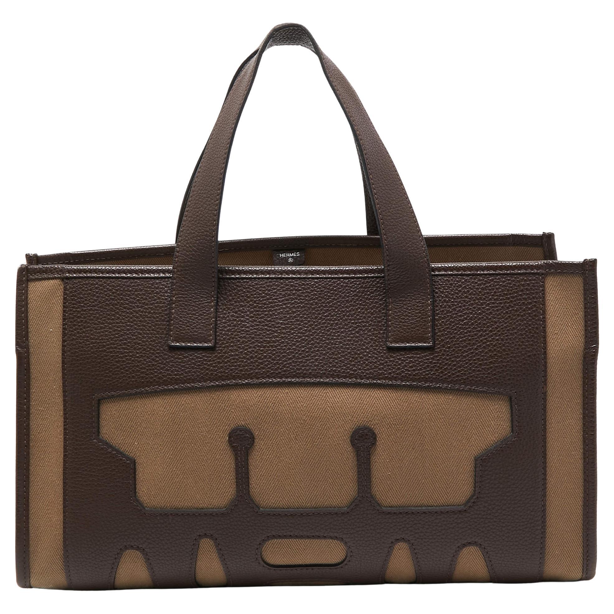 Hermes Marron Fonce Togo and Toile Petit H Decoupe Basse PM Skeleton Tote For Sale