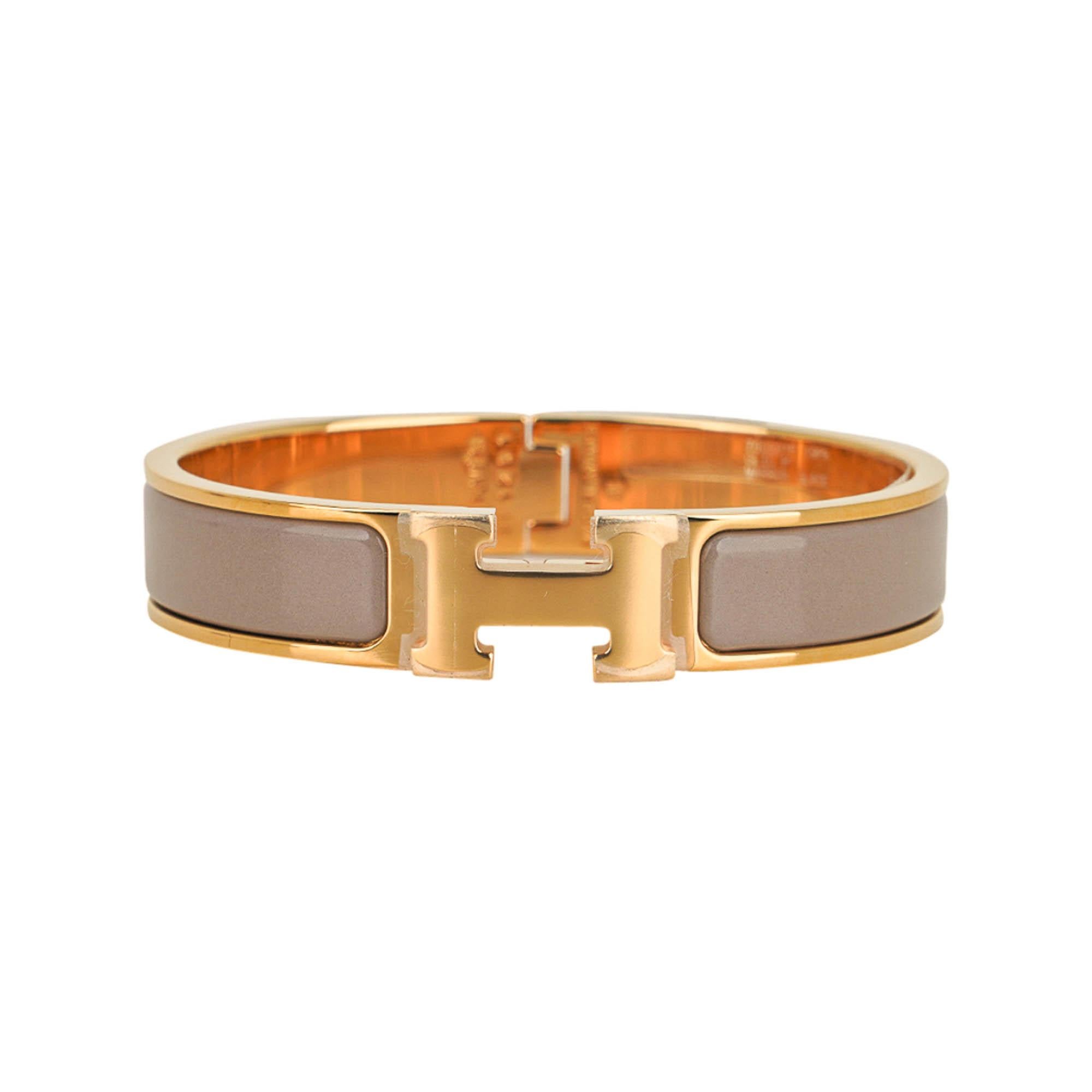 Hermes Marron Glace Clic H Narrow Enamel Bracelet Gold PM Neuf - En vente à Miami, FL