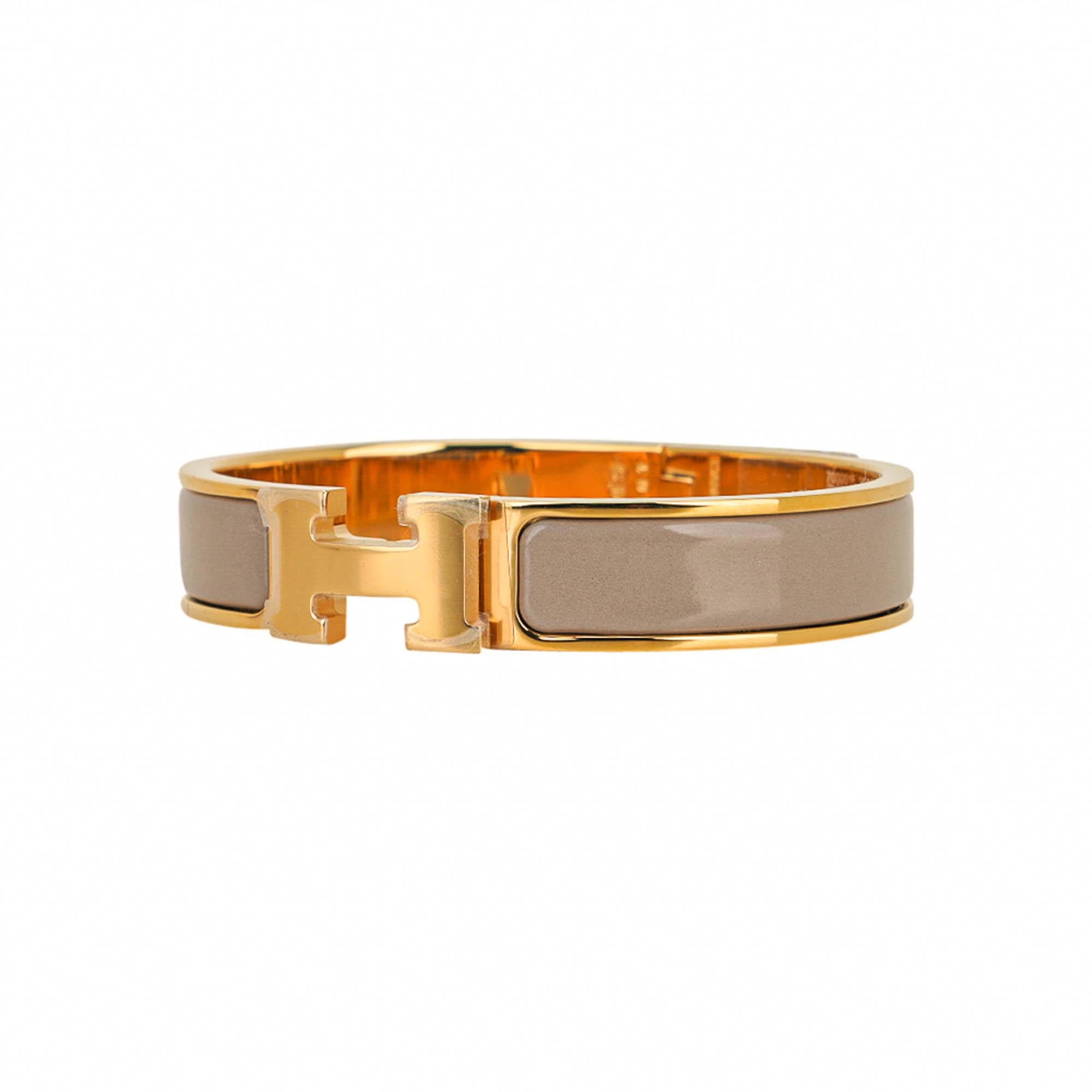 Hermes Marron Glace Clic H Narrow Enamel Bracelet Gold PM Pour femmes en vente