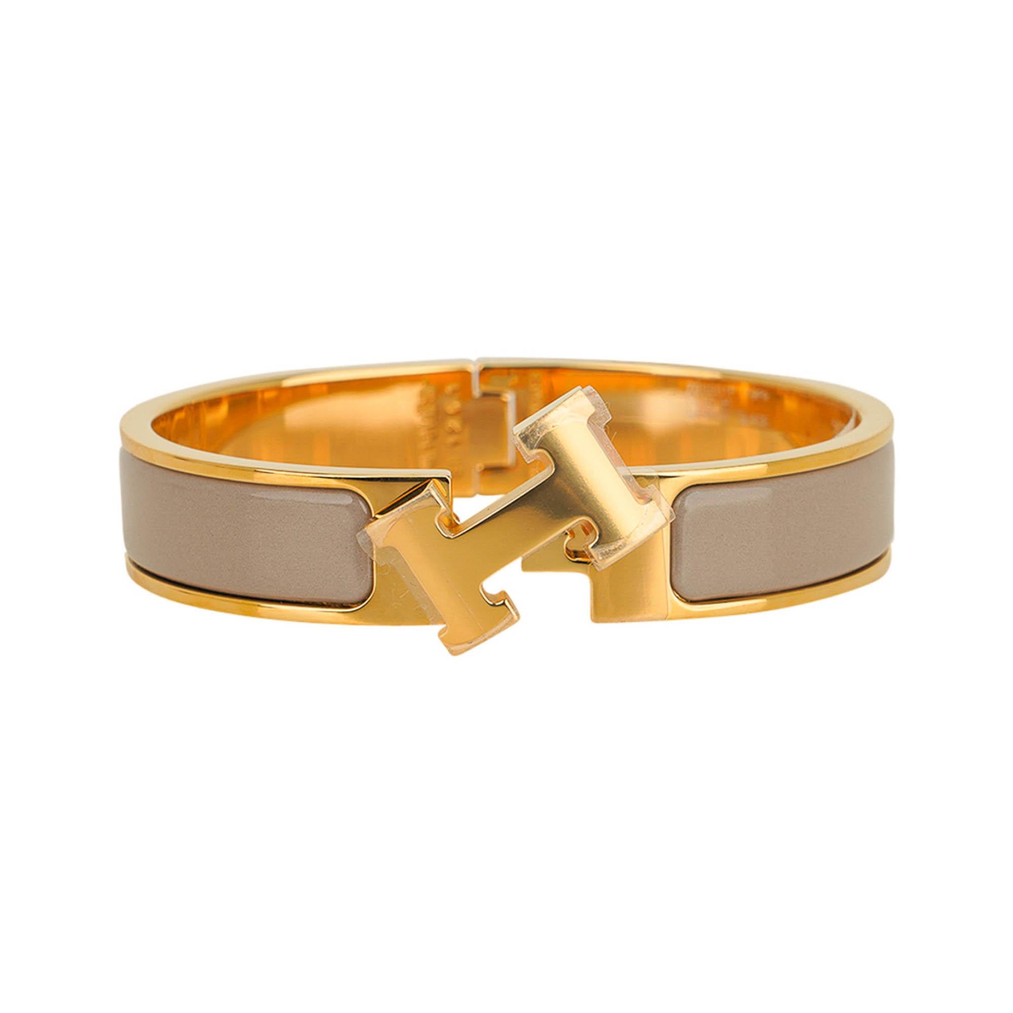 Hermes Marron Glace Clic H Narrow Enamel Bracelet Gold PM For Sale 1