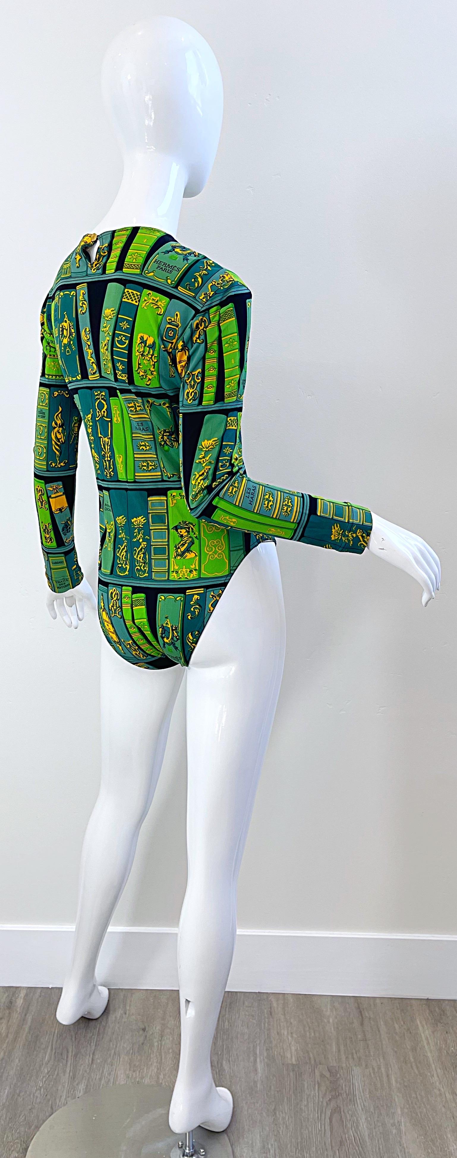 Hermes 1990s Biblotheque by Hugo Grygkar Green Silk 90s Bodysuit For Sale 5