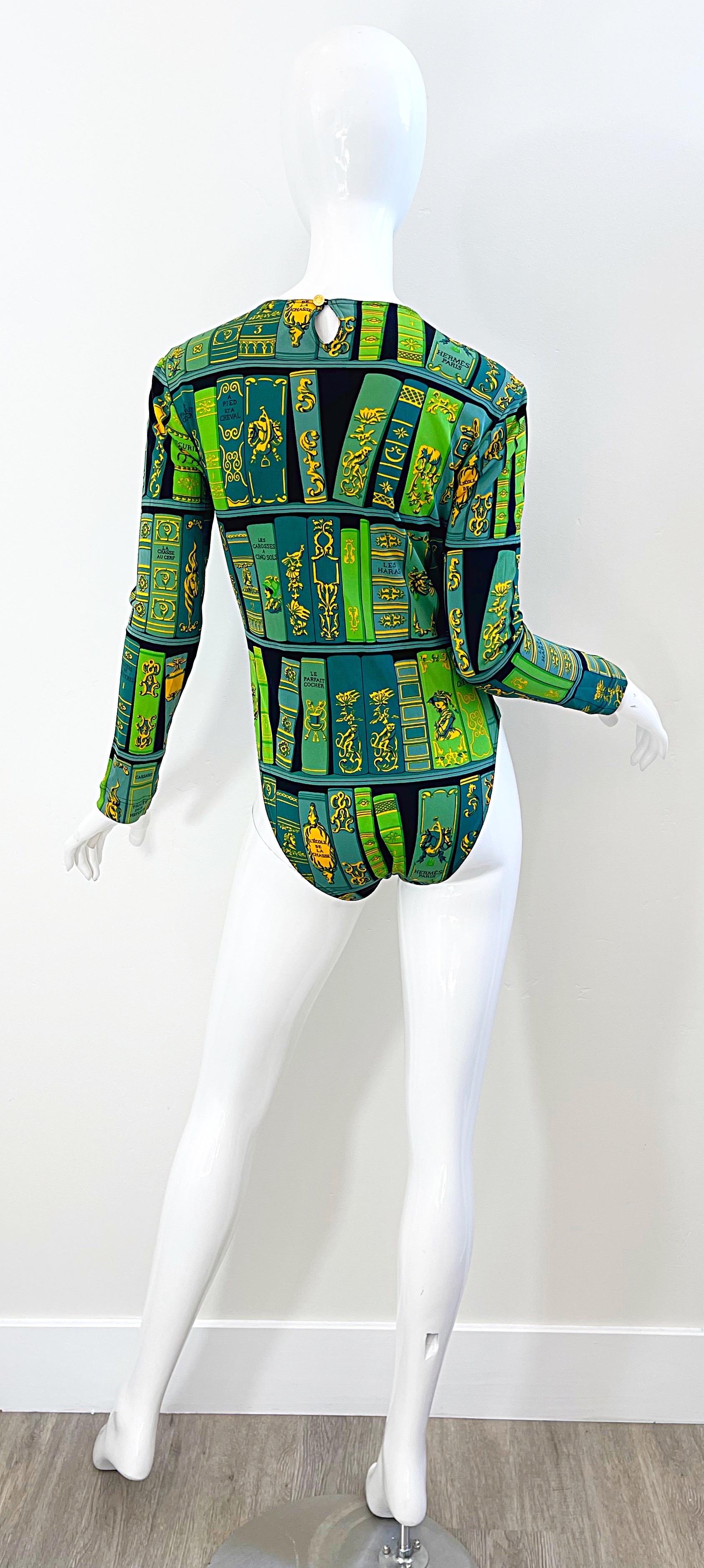 Hermes 1990s Biblotheque by Hugo Grygkar Green Silk 90s Bodysuit For Sale 7