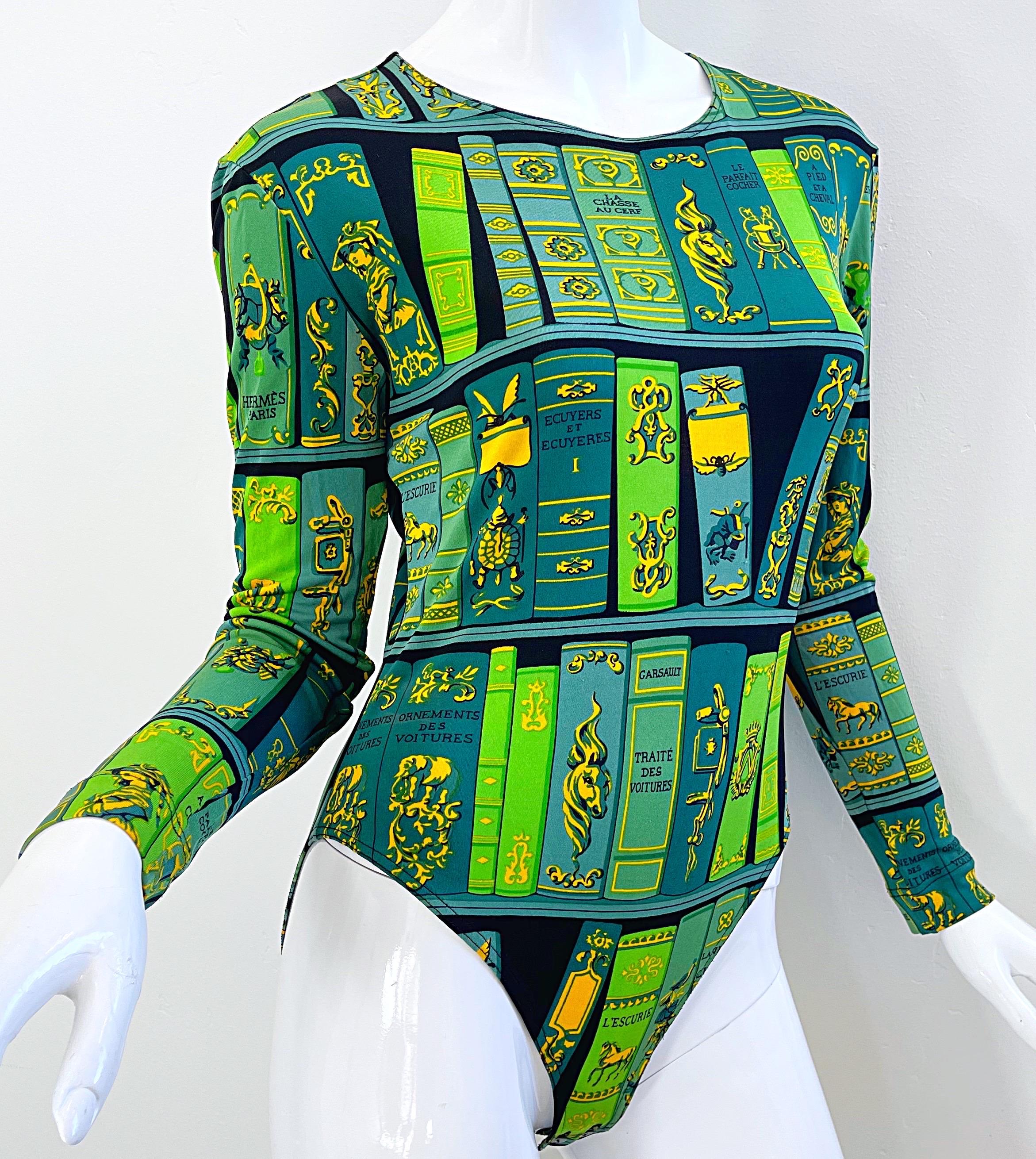 Hermes 1990s Biblotheque by Hugo Grygkar Green Silk 90s Bodysuit For Sale 8