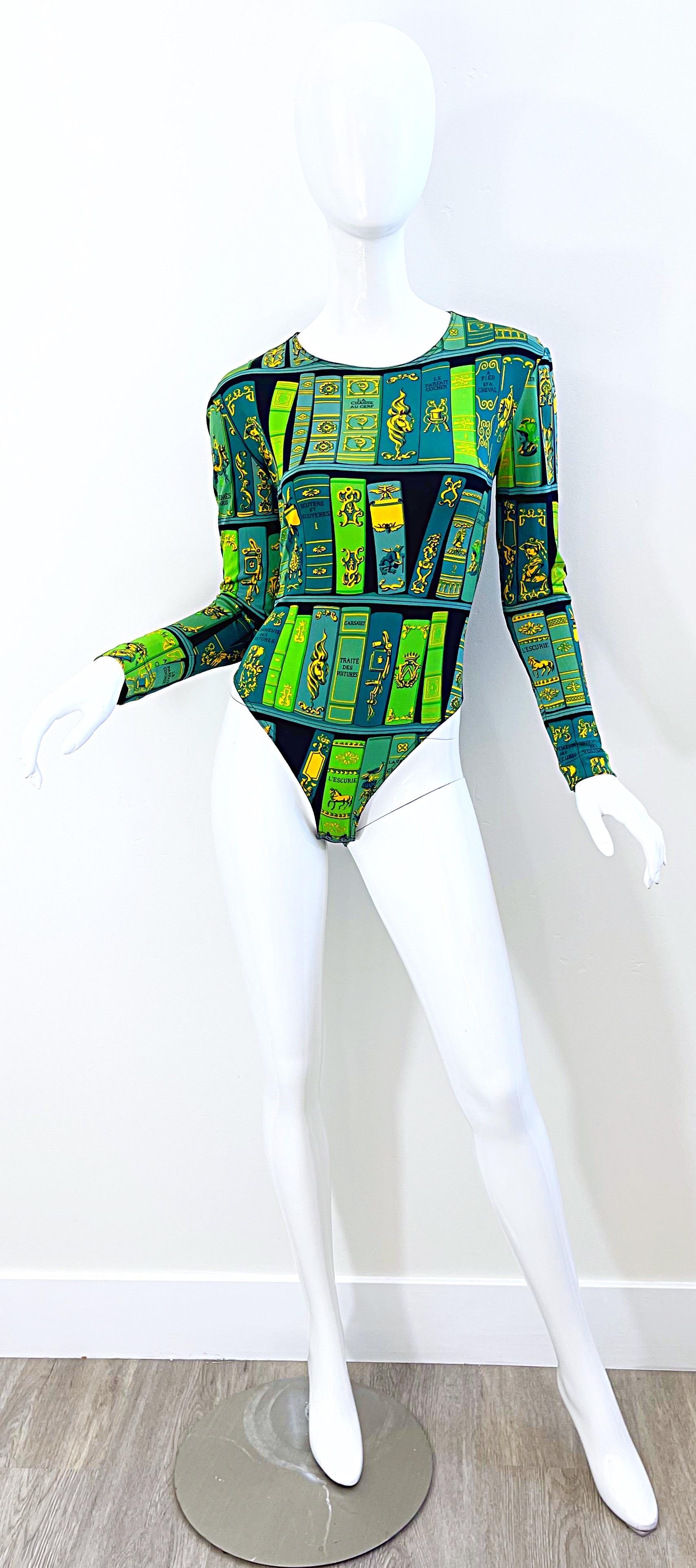 Hermes 1990s Biblotheque by Hugo Grygkar Green Silk 90s Bodysuit For Sale 10