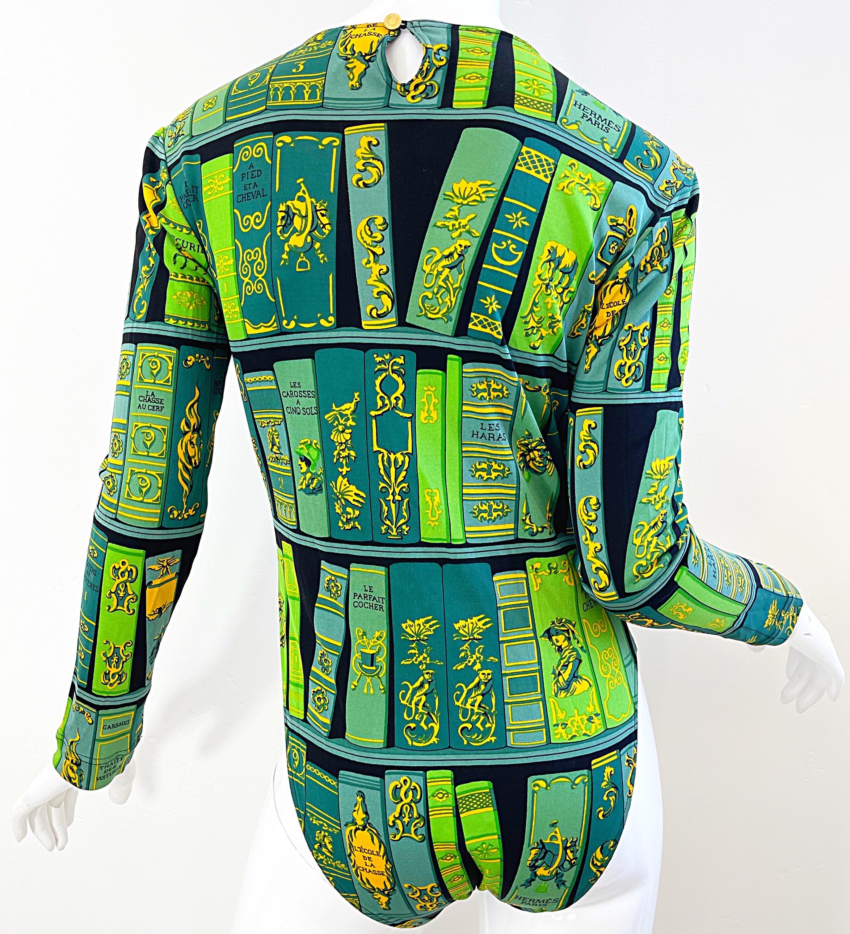 Hermes 1990s Biblotheque by Hugo Grygkar Green Silk 90s Bodysuit In Excellent Condition For Sale In San Diego, CA