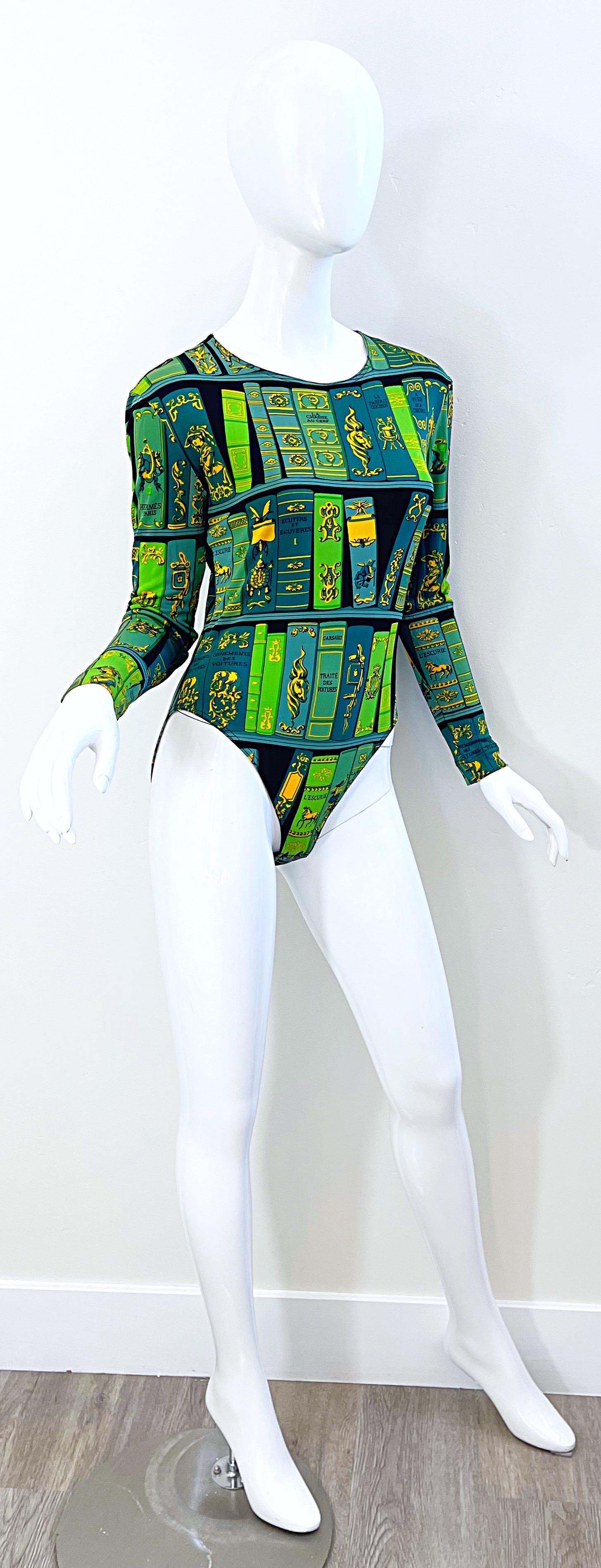 Hermes 1990s Biblotheque by Hugo Grygkar Green Silk 90s Bodysuit For Sale 3