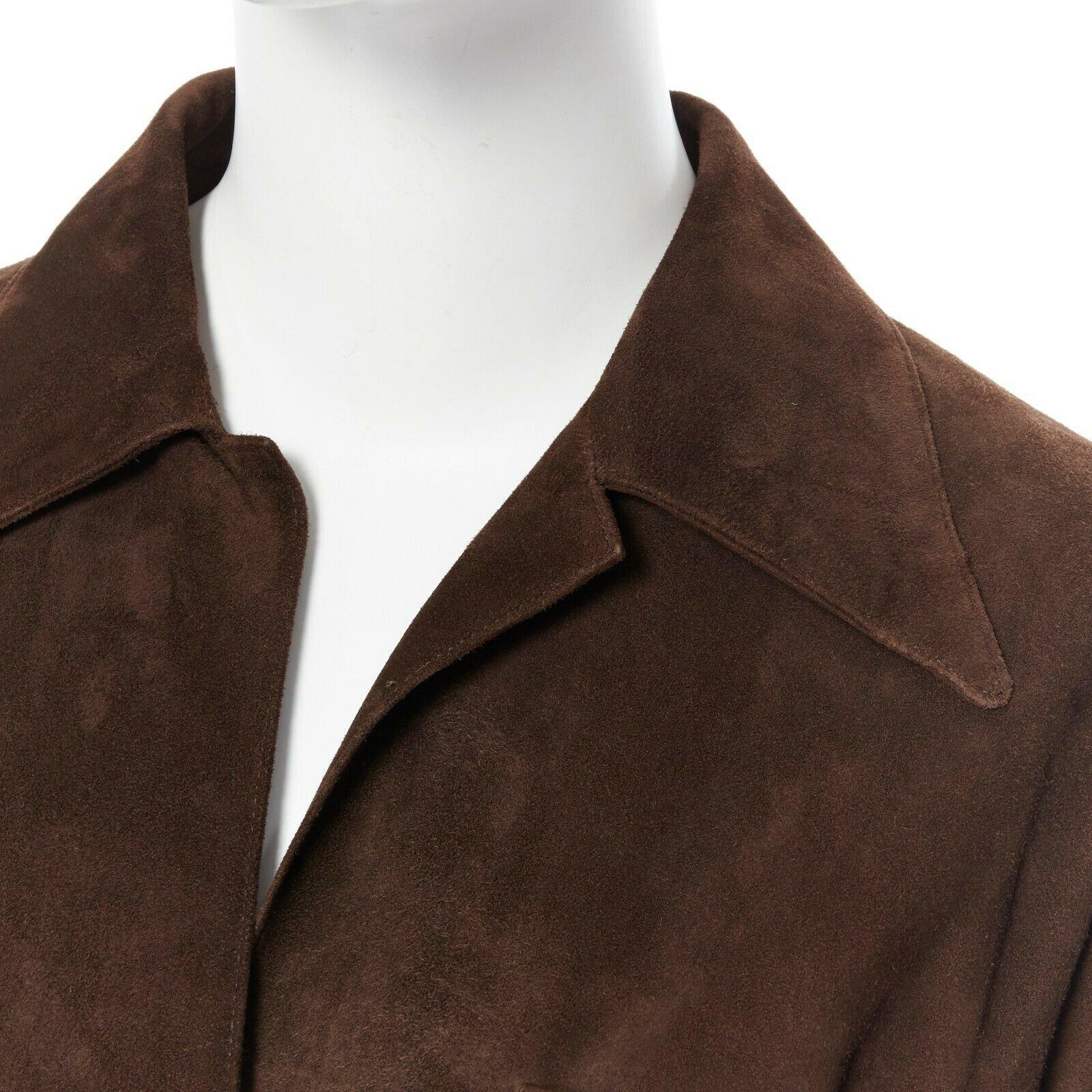 HERMES MARTIN MARGIELA vintage brown suede peak spread collar long shirt FR38 
Reference: CC/AECG00284 
Brand: Hermes 
Material: Suede 
Color: Brown 
Pattern: Solid 
Closure: Button 
Extra Detail: Elongated shirt. Peaked spread collar. Button front